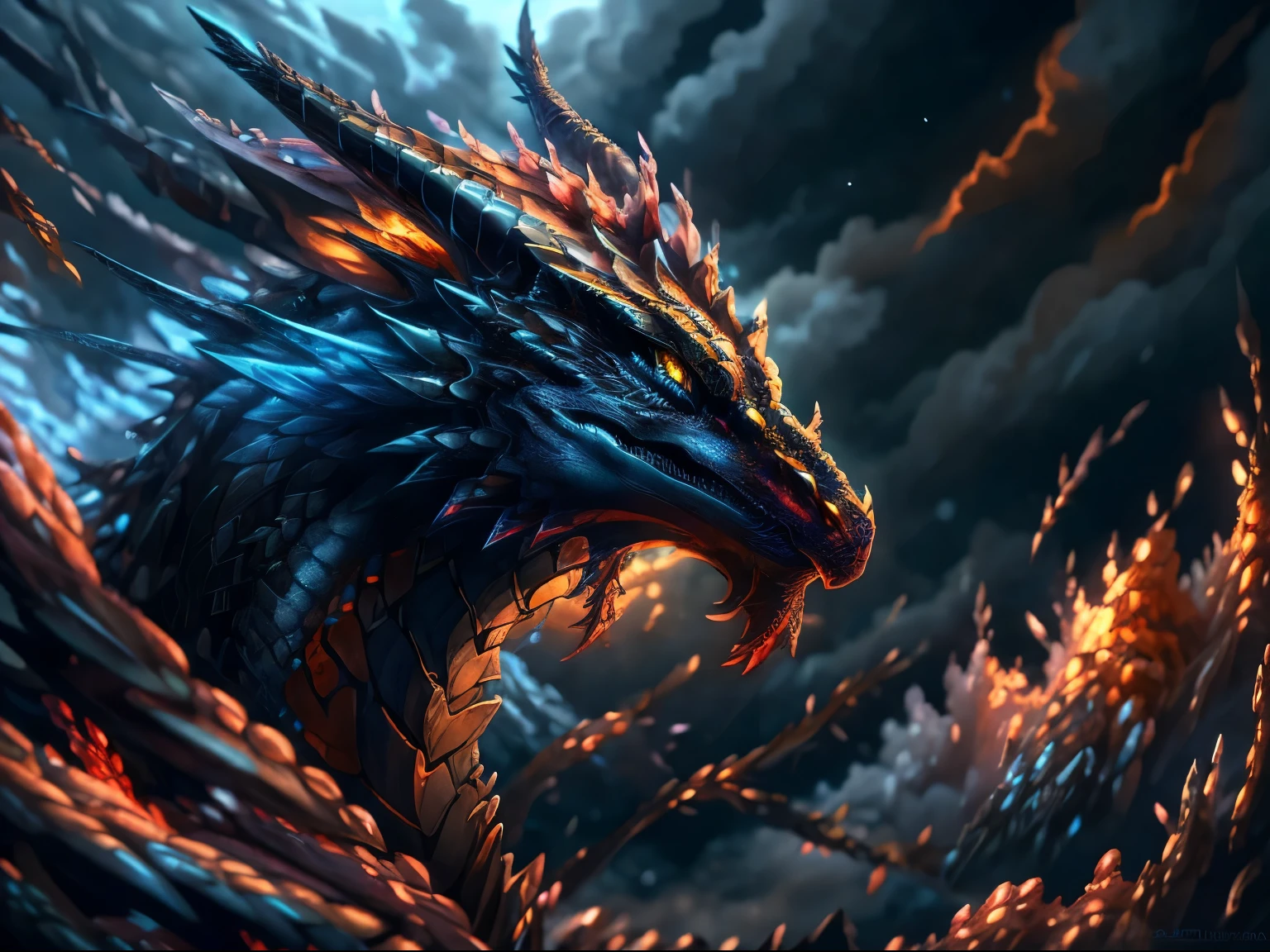 a close up of a dragon flying through a cloudy sky, epic dragon, ancalagon the black, epic fantasy digital art style, storm dragon, fractal thunder dan mumford, epic fantasy art style, alduin, black dragon, a majestic gothic dragon, epic fantasy artwork, epic fantasy art style hd, epic fantasy digital art, epic fantasy illustration