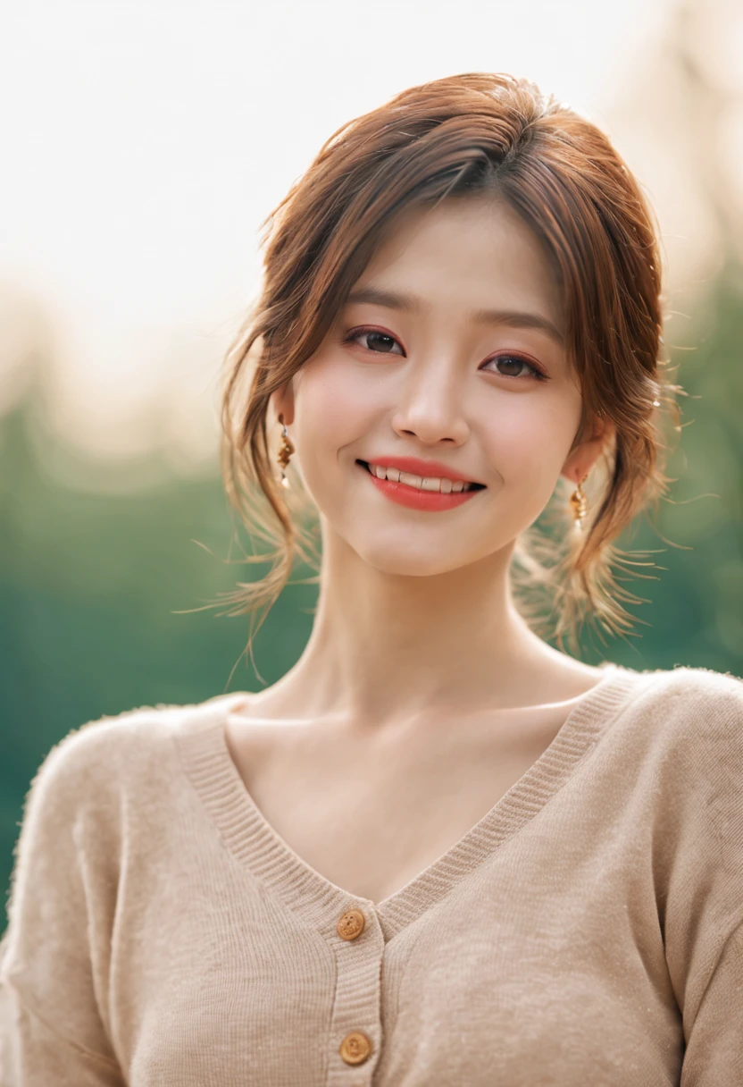 Best quality at best, 超k hd, (realisticlying:1.4),Sunset sun, 1个Giant Breast Girl, (Realistic face), freckle ,(brunette color hair, short detailed hair: 1.ony tails, realisticlying的眼睛, (realisticlying的皮肤), (Sweaters), detailed photograph, Smiling, sexy for, filmgrain, low-contrast, facing at the camera, closeup cleavage (tmasterpiece: 1.3), (8K, realisticlying, Best quality at best: 1.4), hoang lap, Attractive, 超高分辨率, hyper realisitc, k hd, the golden ratio