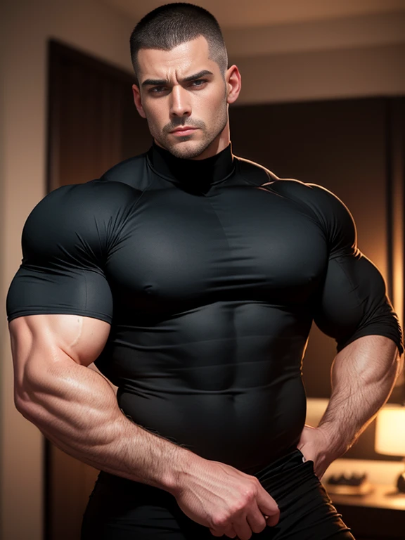 Character design (open mouth muscle special forces, Buzz Cut, tough guy) wearing a long-sleeved dark black high-neck stretch tight T-shirt, officer uniform, standing in a luxurious bedroom, looking intoxicated and enjoyed, eyes slightly narrowed, mouth open into an O-shape, expression enjoyment, deep and charming eyes, emerald-like pupils, he is tall, burly, muscular! Sexy charming muscular leg muscles, tall burly, dark black long sleeve stretch turtleneck skinny T-shirt, super gain and cool, high resolution commission, white sneakers, warm lights on the body, camouflage pants, expression mesmerized enjoyment
