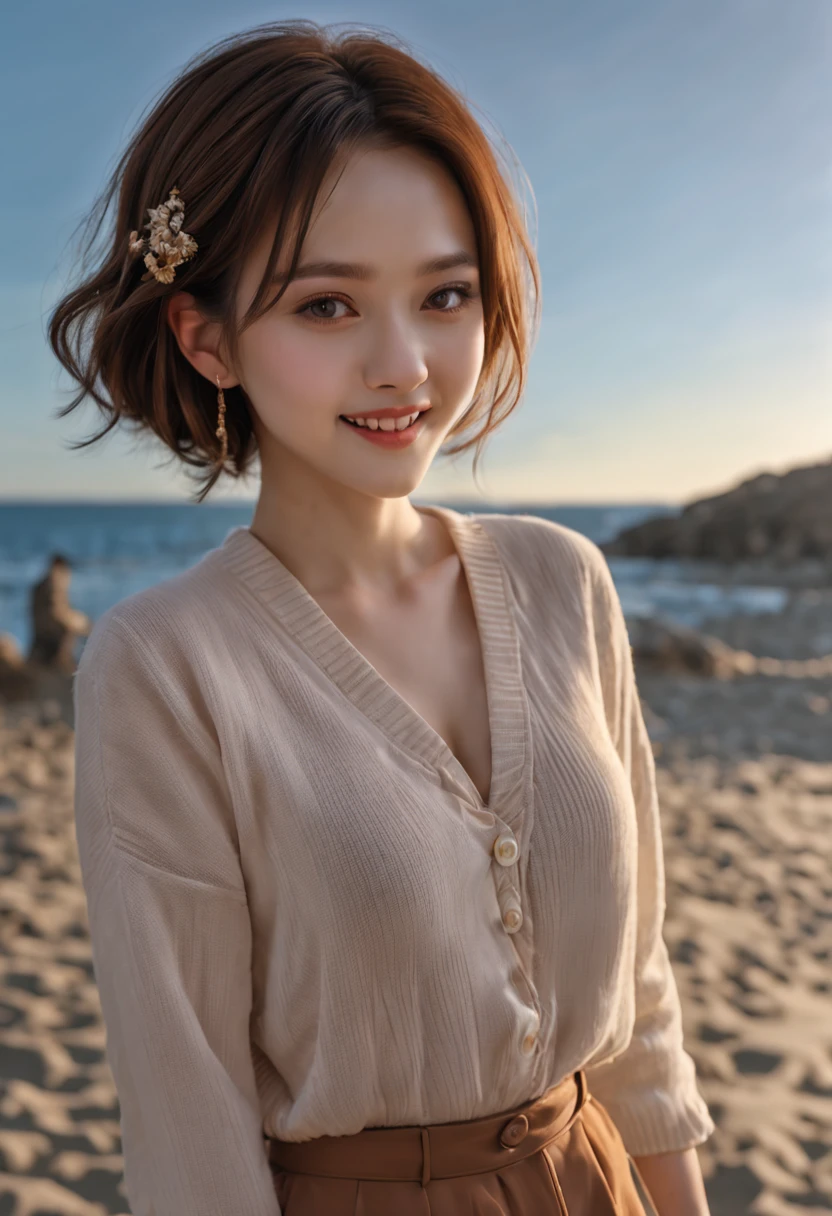 Best quality at best, 超k hd, (realisticlying:1.4),Sunset sun, 1个Giant Breast Girl, (Realistic face), freckle ,(brunette color hair, short detailed hair: 1.ony tails, realisticlying的眼睛, (realisticlying的皮肤), (Sweaters), detailed photograph, Smiling, sexy for, filmgrain, low-contrast, facing at the camera, closeup cleavage (tmasterpiece: 1.3), (8K, realisticlying, Best quality at best: 1.4), hoang lap, Attractive, 超高分辨率, hyper realisitc, k hd, the golden ratio