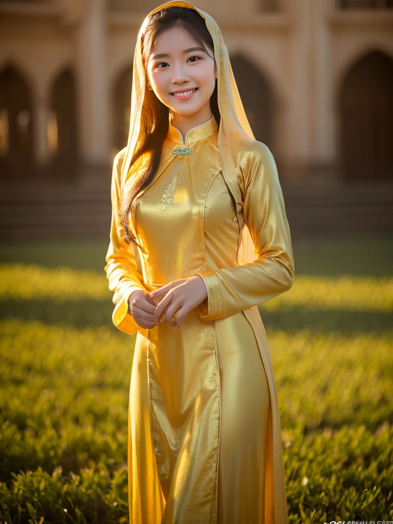 golden ao dai, Vietnamese girl, pretty girl, smile , long hair, Realistic lighting, delicate face, Body perfect anatomy,Top Quality, 8K Resolution , full body , realistic , real human , High quality, realistic , Cinematic, Aesthetic, detailed, beautiful woman,