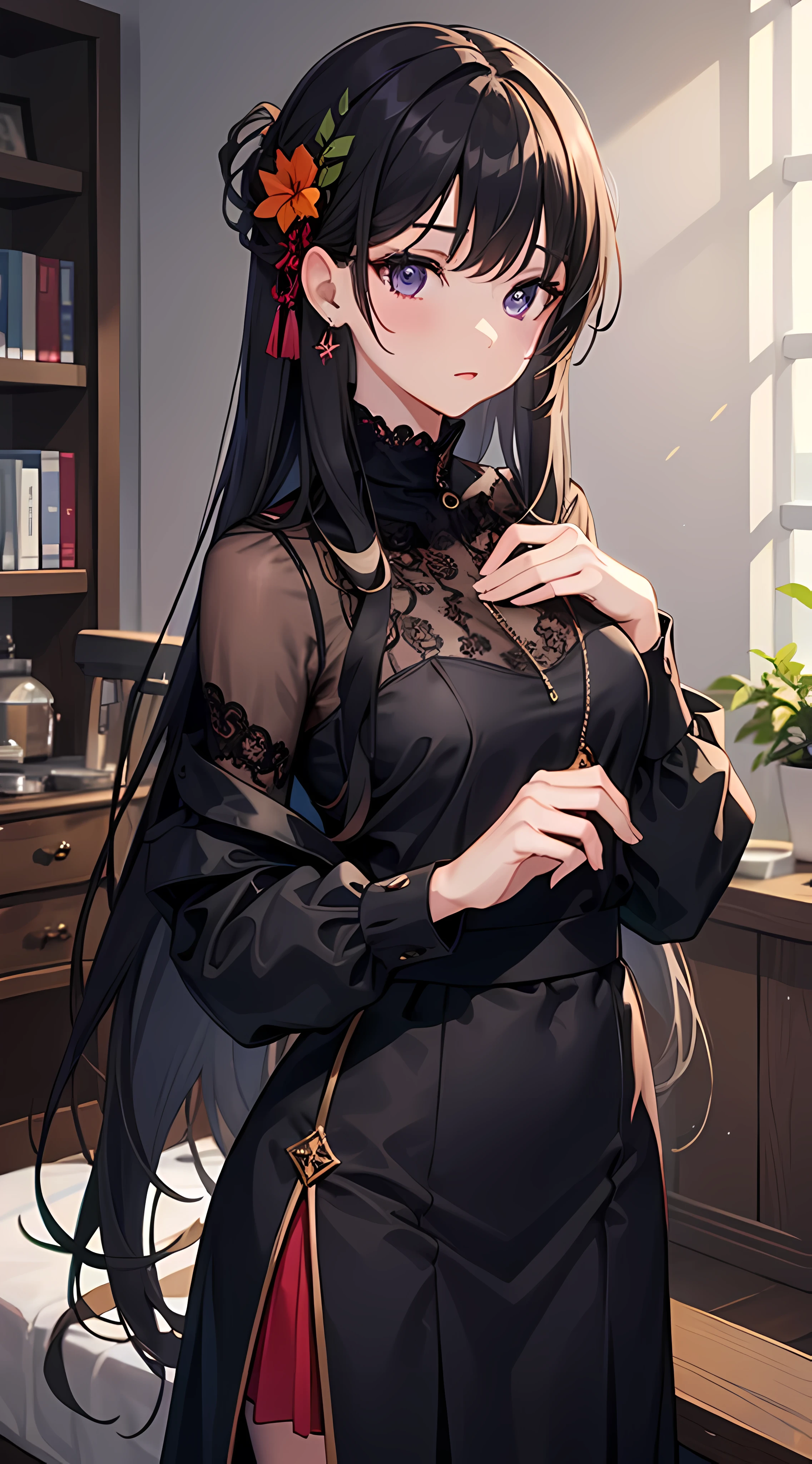 young girl, long dark purple or black hair, violet eyes, Black Rich Closed Clothing, Masterpiece, hiquality, high detail, HD, 4k