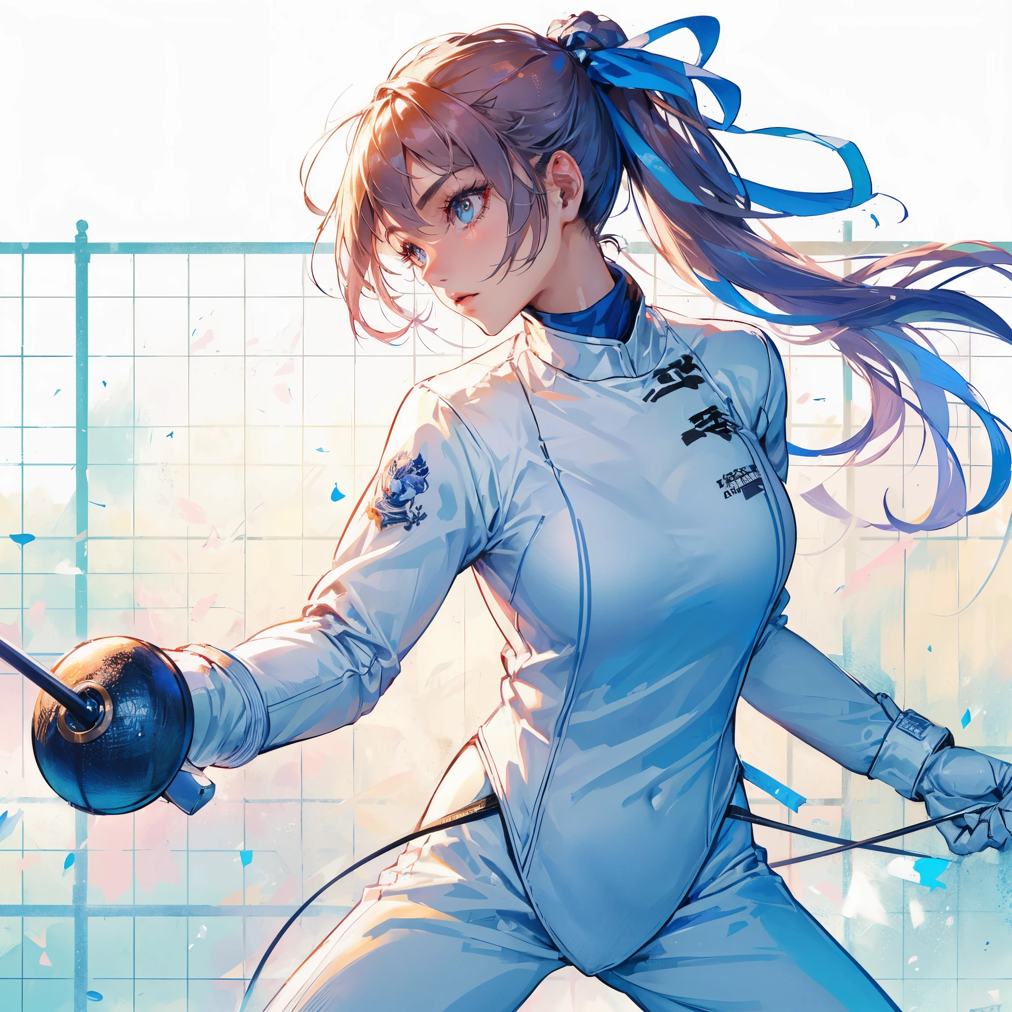 (Best Quality, masutepiece),ultra detailed photographic,1girl in, Female fencing athlete ,Large breasts,nice legs,At the fencing venue,Detailed beautiful face,Beautiful eyes,detailed hairs,detailed clothes,Detailed realistic skin,Cool,Dynamic Angle,