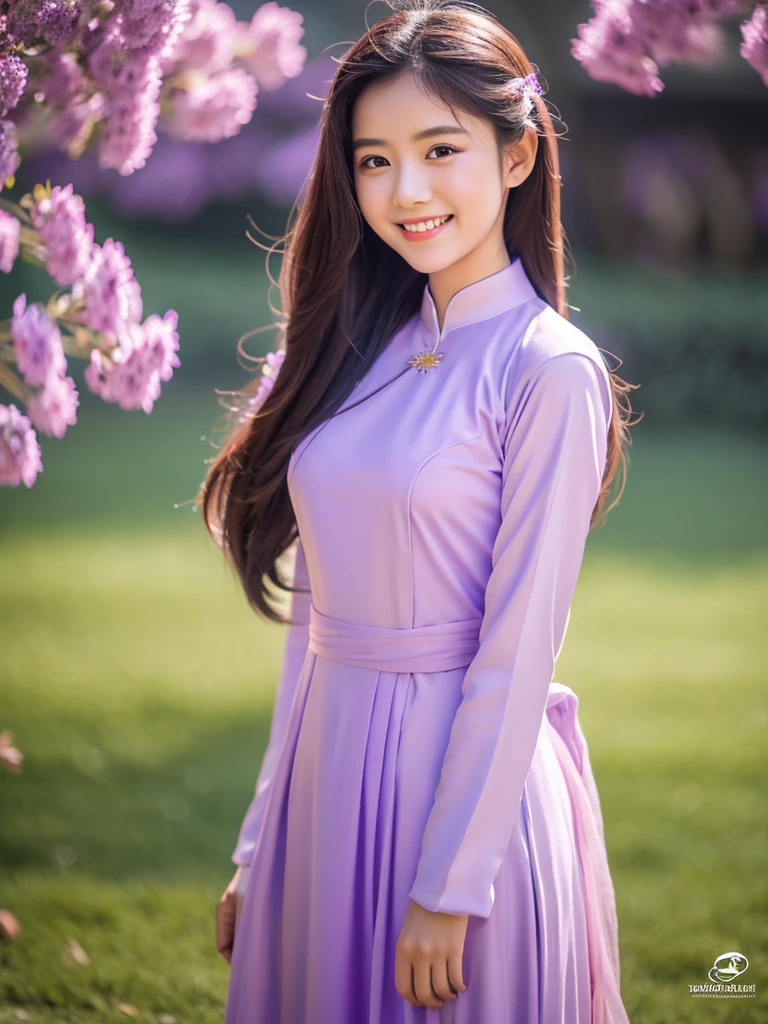purple ao dai, Vietnamese girl, pretty girl, smile , long hair, Realistic lighting, delicate face, Body perfect anatomy,Top Quality, 8K Resolution , full body , realistic , real human , High quality, realistic , Cinematic, Aesthetic, detailed, beautiful woman,