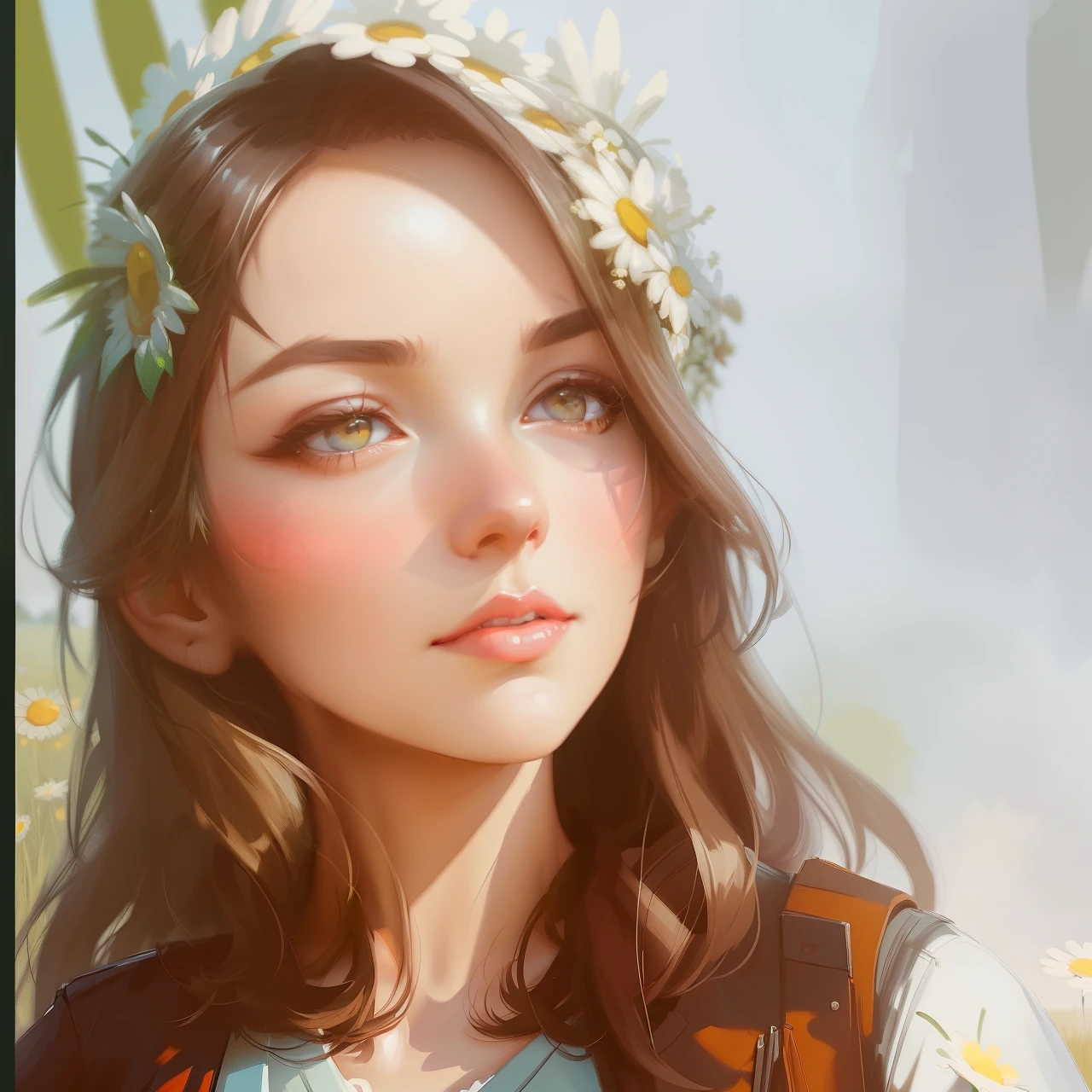 woman with a flower crown stands in a field of daisies, artgerm and atey ghailan, artwork in the style of guweiz, beautiful digital illustration, beautiful digital artwork, beautiful digital painting, gorgeous digital painting, stunning digital illustration, adorable digital painting, beautiful character painting, realistic cute girl painting, beautiful fantasy art portrait, Beautiful girl from the anime Sunflower