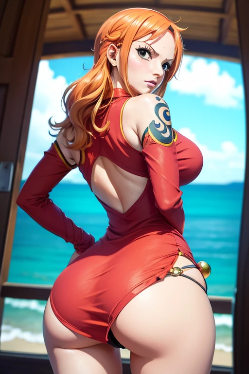 1 moca , nami onepiece de uma peça, tatuagem nami original, hdr, 8k, sensual, vestido vermelho , de costa olhando para os espectadores, segurando os cabelos longos , olhos castanhos, bunda, ass, corpo inteiro, sentada, rosto nami.