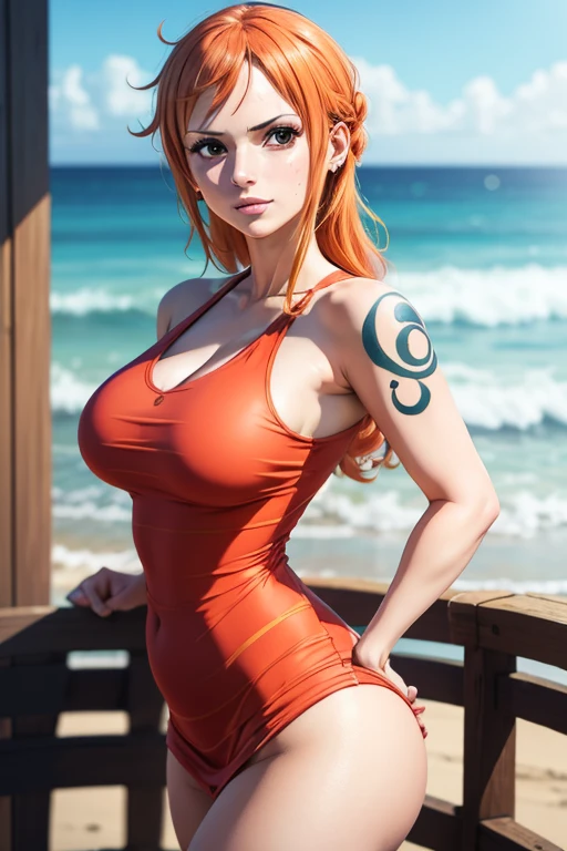 1 moca , nami onepiece de uma peça, tatuagem nami original, hdr, 8k, sensual, vestido vermelho , de costa olhando para os espectadores, segurando os cabelos longos , olhos castanhos, bunda, ass, corpo inteiro, sentada, rosto nami.