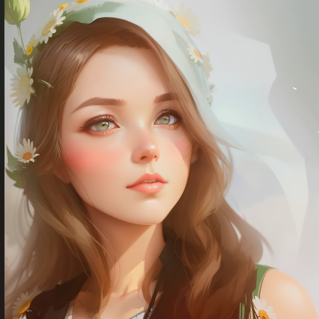 woman with a flower crown stands in a field of daisies, artgerm and atey ghailan, artwork in the style of guweiz, beautiful digital illustration, beautiful digital artwork, beautiful digital painting, gorgeous digital painting, stunning digital illustration, adorable digital painting, beautiful character painting, realistic cute girl painting, beautiful fantasy art portrait, Beautiful girl from the anime Sunflower