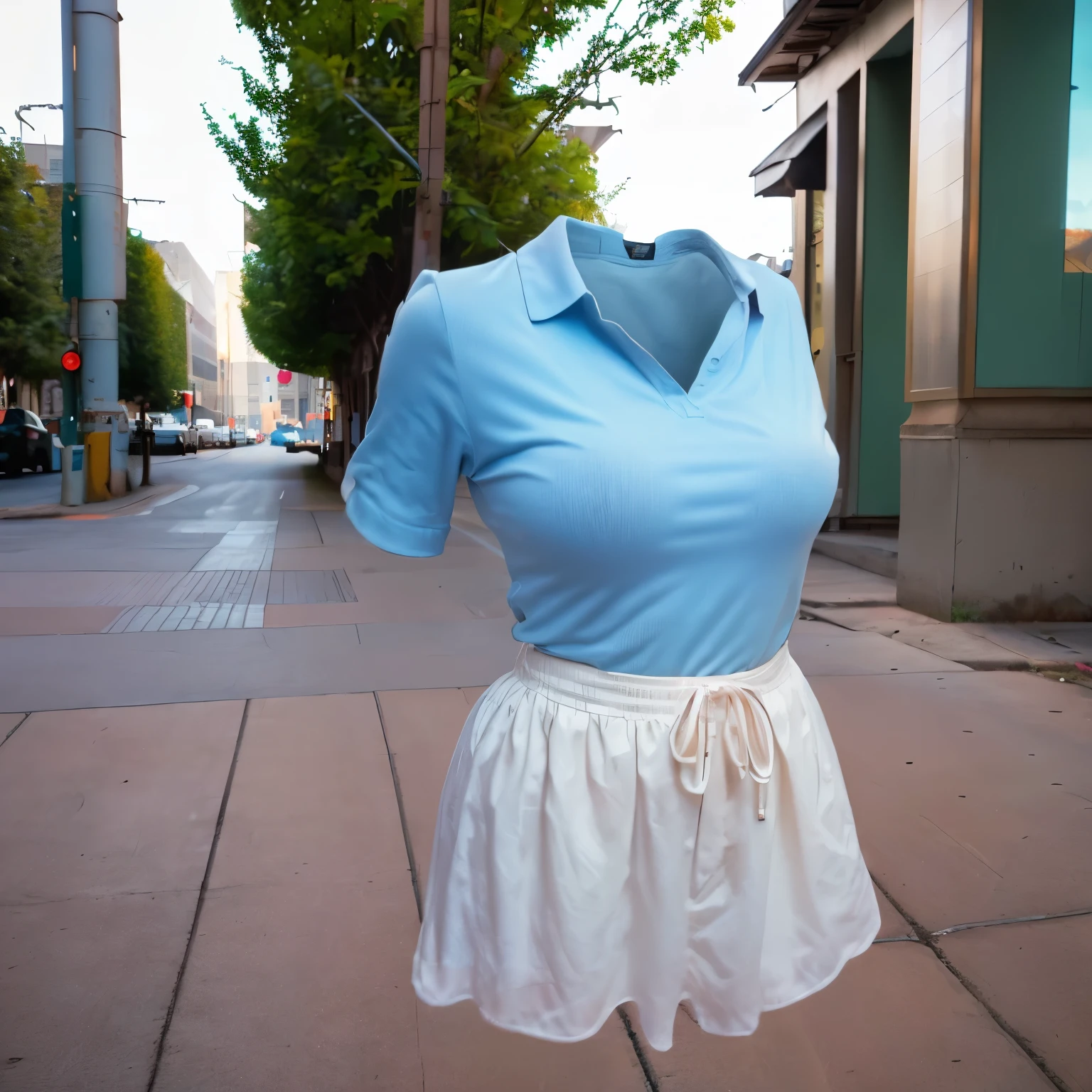 peplum blouse, street, Twilight Light, cute pose, (invisible, no humans, headless, faceless:1.5), (close-up to breasts), cute big breasts, (8k, RAW photo, best quality, masterpiece, high resolution, extremely detailed CG:1.2), (realistic, photo-realistic:1.37), photon mapping, radiosity, ((Hasselblad photography)), physically-based rendering
