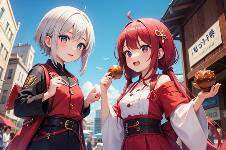A girl and a dragon are fighting　A dragon in the sky is being attacked by a girl who throws takoyaki at it.　Throwing takoyaki with magic