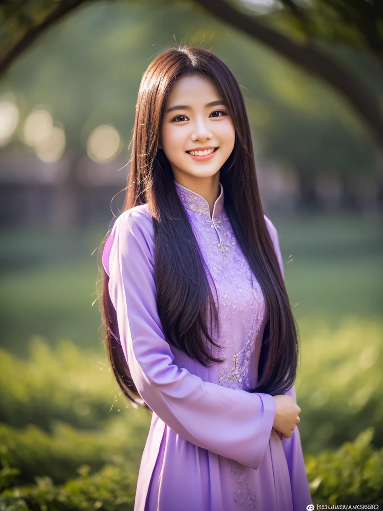 purple ao dai, Vietnamese girl, pretty girl, smile , long hair, Realistic lighting, delicate face, Body perfect anatomy,Top Quality, 8K Resolution , full body , realistic , real human , High quality, realistic , Cinematic, Aesthetic, beautiful woman,