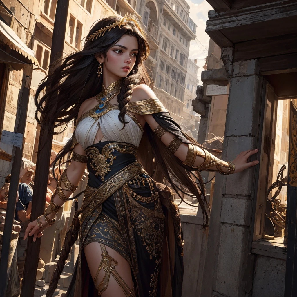 Greek goddess Artemis, dark hair, brown eyes, depicted full-length intricate details, HDR, beautifully shot, hyperrealistic, sharp focus, 64 megapixels, perfect composition, high contrast, cinematic, atmospheric, splash art, street art, high contrast, colorful polychromatic, ultra detailed, ultra quality, CGSociety