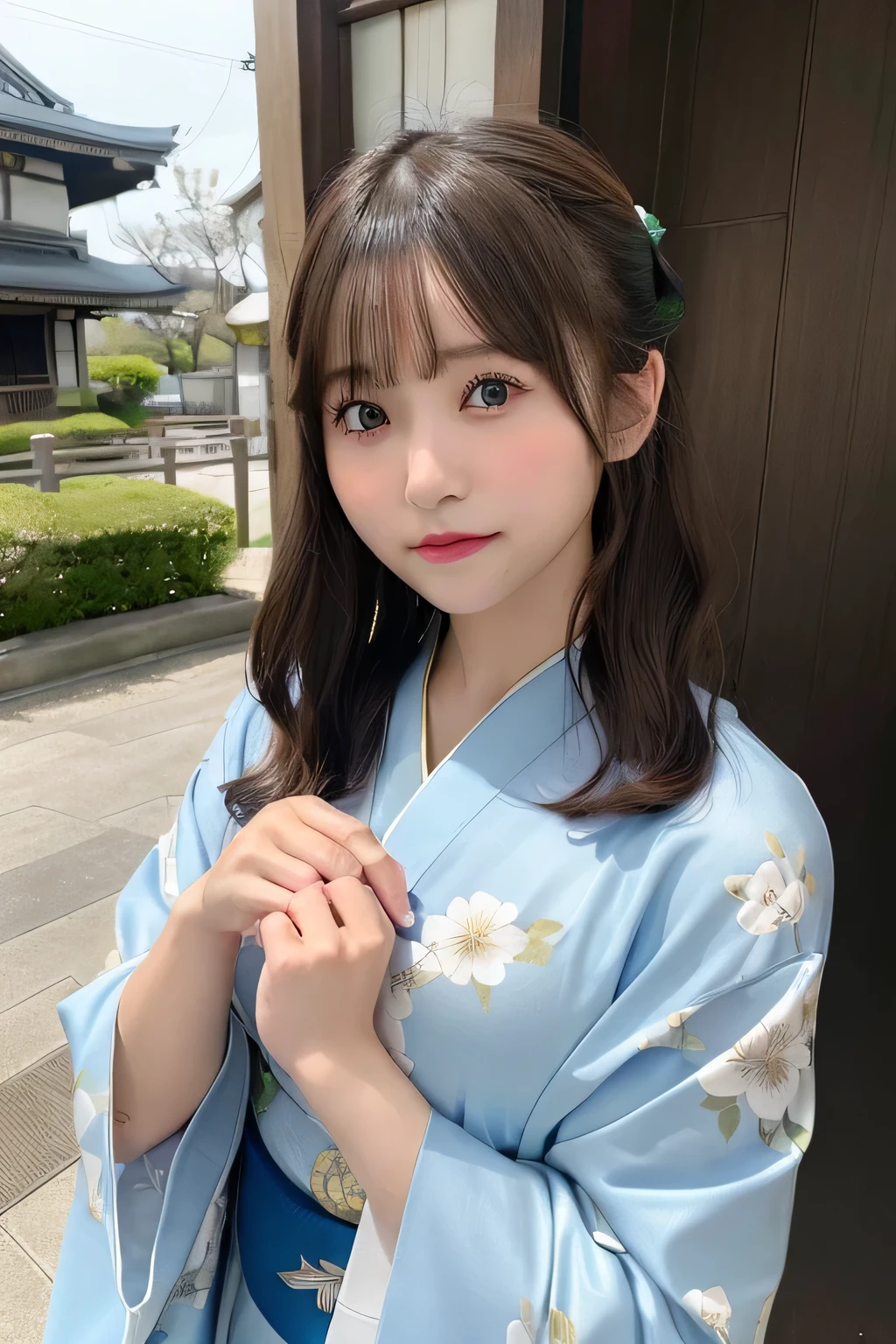 (Light blue kimono:1.2)、(Komono:1.2)、(Bright floral pattern)、(long-sleeve)、1 girl、full body Esbian、(white hair、Long hair)、(reallistic:1.7)、((Top image quality))、absurderes、(超A high resolution)、(フォトreallistic:1.6)、フォトreallistic、octane renderings、(ハイパーreallistic:1.2)、(フォトreallisticな顔:1.2)、(8K)、(4K)、(masterpiece)、(realistic skin textures)、(illustratio、Cinematographic lighting、wall-)、(Same size left and right、beautidful eyes:1.2)、((((face perfect))))、(cute little)、(is standing)、red-lips、outside of house、(Japanese Style Country)、詳細なcute little顔、Realistic Beauty、Light in the eyes、Looking at the camera、placket、Dimples、nogizaka、Beautiful black eyes:1.3、17-year-old schoolgirl