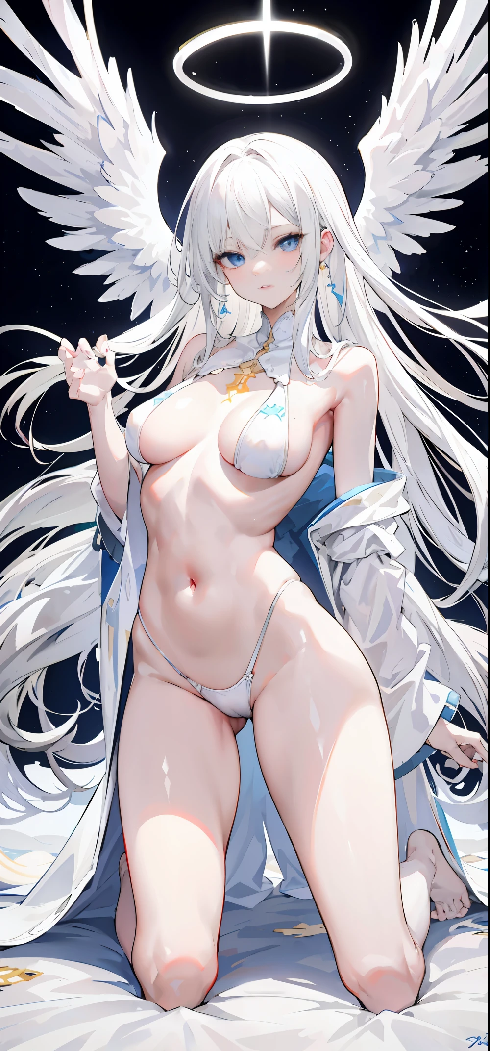 light skin color, white hair color long hair, Bigchest, 1:70，Kneeling，facing at the camera，Kneeling，No clothes，slim，，Clothes are less sexy，the shy，White wings, Angelic趴着, Overhead halo, yellow-eyed, A sexy pose, Angelic,  Angelic标记,hyper HD， White hair, eBlue eyes.
