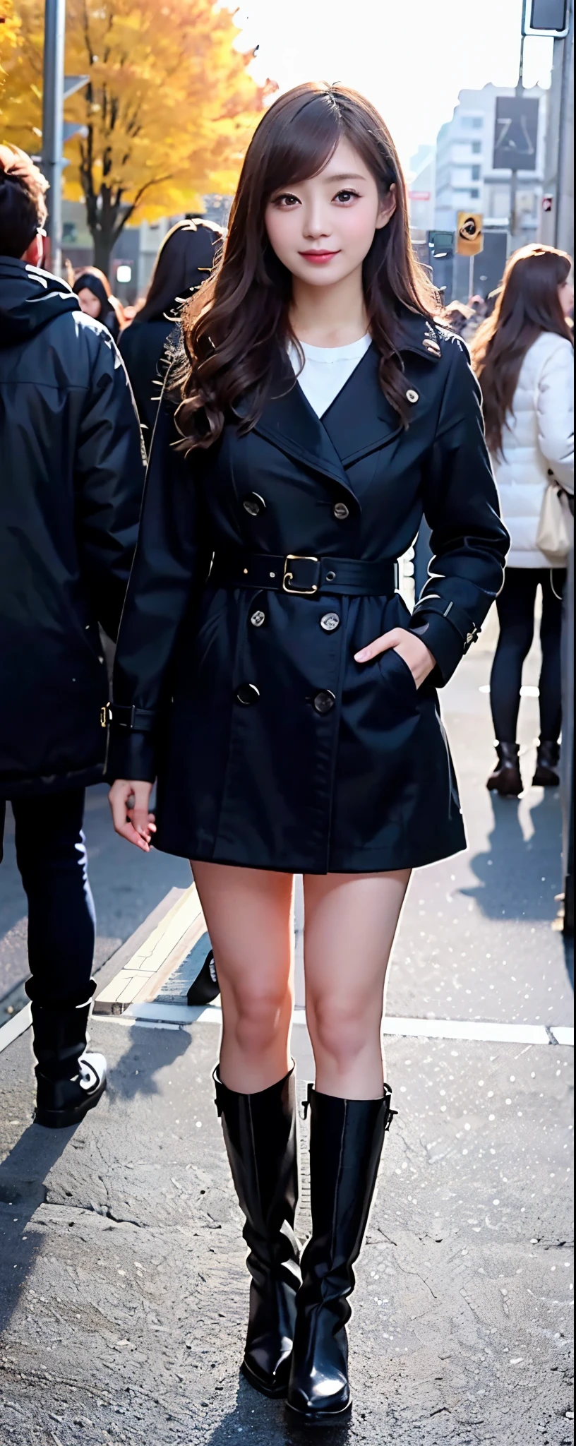 (8k, RAW photos, top quality, masterpiece: 1.2, ultra detailed, super resolution, real photos: 1.37), (Full body photo), 1 noble elegant Japanese lady, (standing contrapposte), winter season, ((black color coodinate, wearing over-size black coat, winter fluffy scarf, grey long skirt, black tights, wearing long boots)), Shiny, Smile, Looks like 1.8 meters tall, large pelvis, Large breasts, big cuvy hips, Thin waist, Long legs, skin hyper-detail, 20 years old, Perfect face, (Detailed facial features), Wavy hair, Daylight, autumn season, center of street, crowd of people,