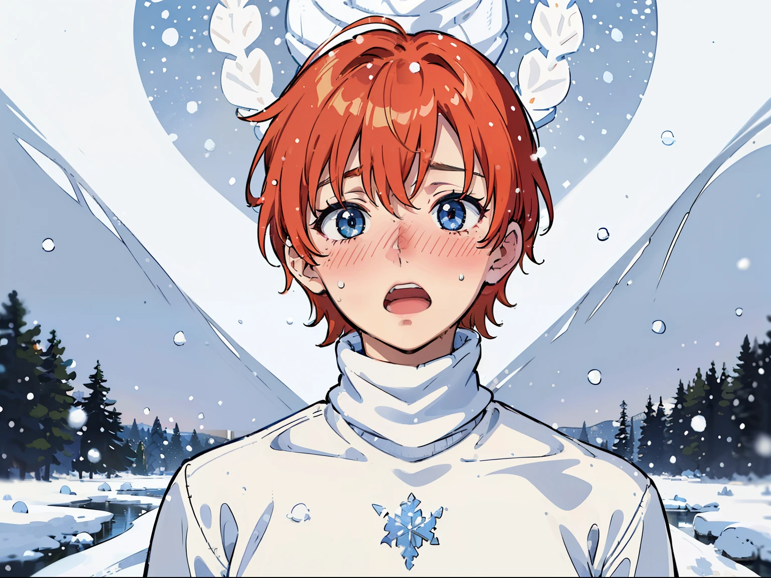 (1boy,teen,18 years old), orange hair, blue eye,(((white sweater,turtleneck))),(((,snowing,open mouth,blush,surprise expression ))),portrait