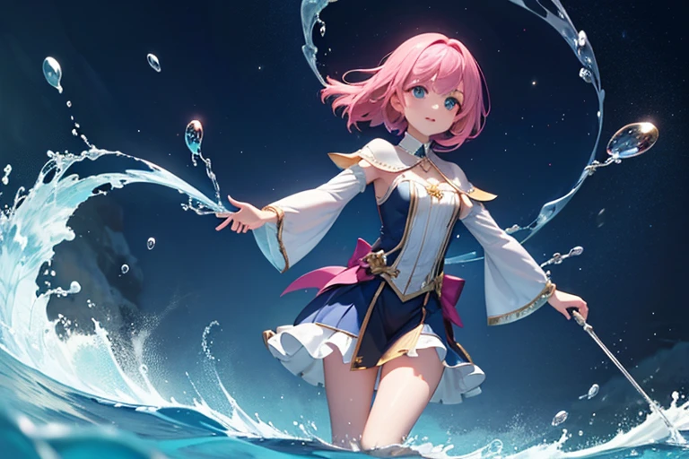 A girl uses magic to make a ball of water float as if juggling it. shining with magic