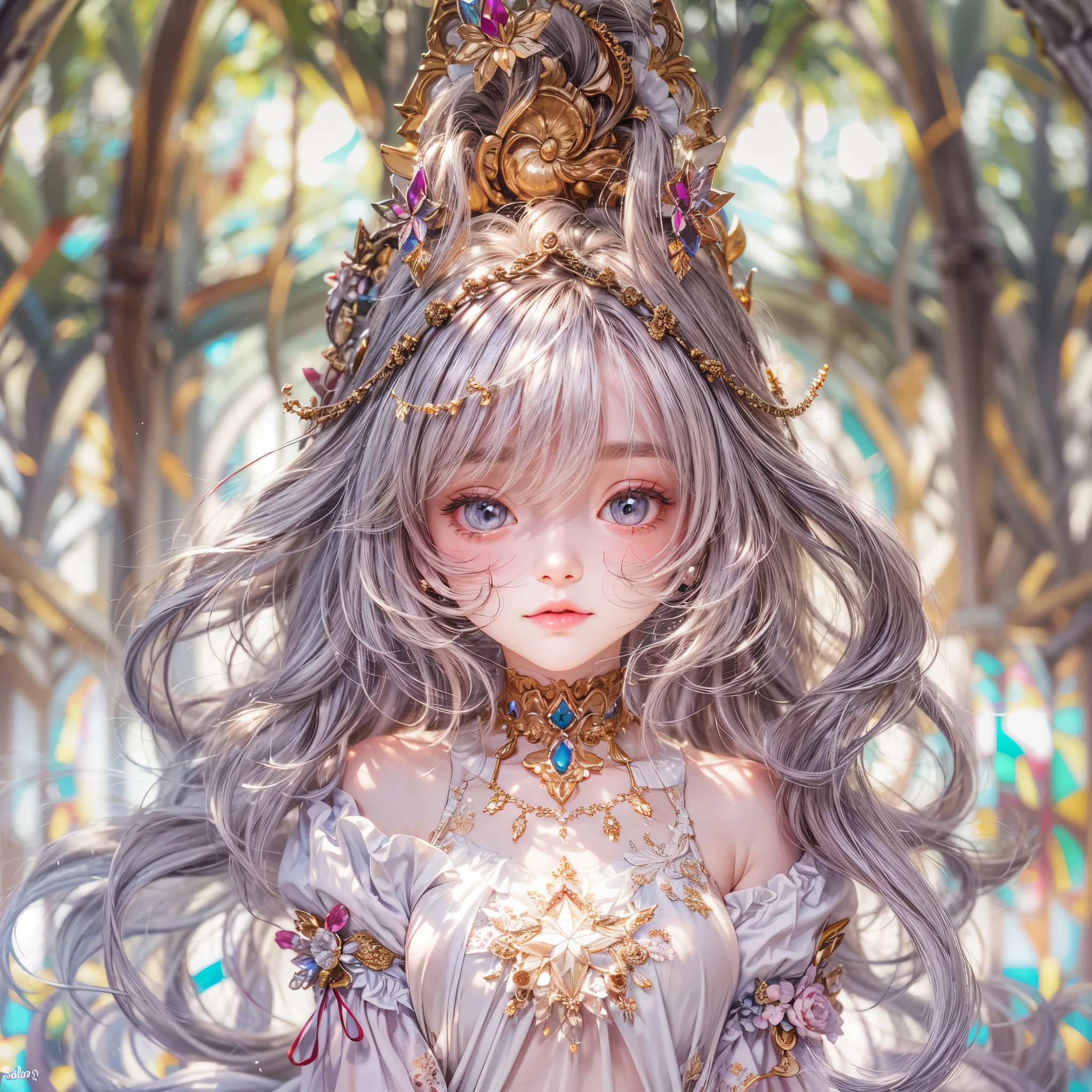 concept art, Tiny junior idol, Delicate lace knitted white clothes, (nipple:-0.9), (face closeup, (Dazzling stained glass Background)), (((Renbutsu Misako), vivid colorful Light shines through delicate stained glass:1.35, Dazzling Halo, Acutance:0.8)), {vivid red |Mystic sight | haze | lense Particle | lens flare | light Particle}. (masterpiece:1.2),(ultra-detailed:1.37),((realistic,photorealistic,photo-realistic:1.37)), (Extremely detailed KAWAII face variations, innocent expression variations), {rosy cheeks | intricate detailed eyes with sparkling highlights | long eyelashes with volume | subtle blush on the face}. {Mystic sight | haze | | blood stained crotch}, impeccable skin texture, captivating gaze, ((Dynamic-angle, physically-based rendering)), whole Body proportions and all limbs are anatomically accurate . full of flowers covering girl's body .