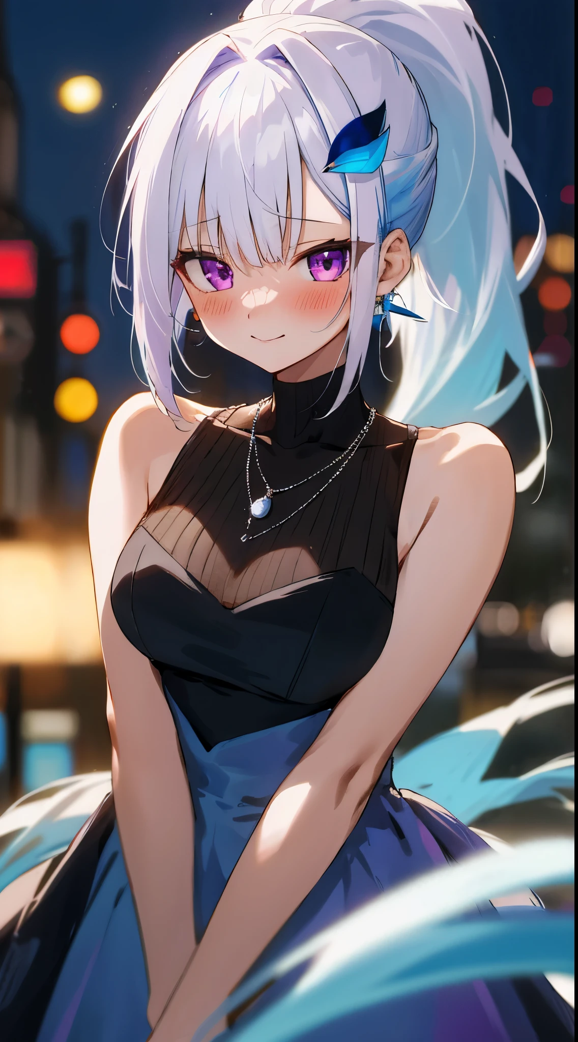One girl with high ponytail hair, bangs, white hair, blue inner hair:1.25) , purple eyes, looking at viewer, blushing, little smile, sleeveless dress, bare hands, outdoor, earrings, dating, standing, necklace, citylight, dizzy, mid-chest, night atmosphere, hair ornament, medium breasts, upper body, focus, blurry background