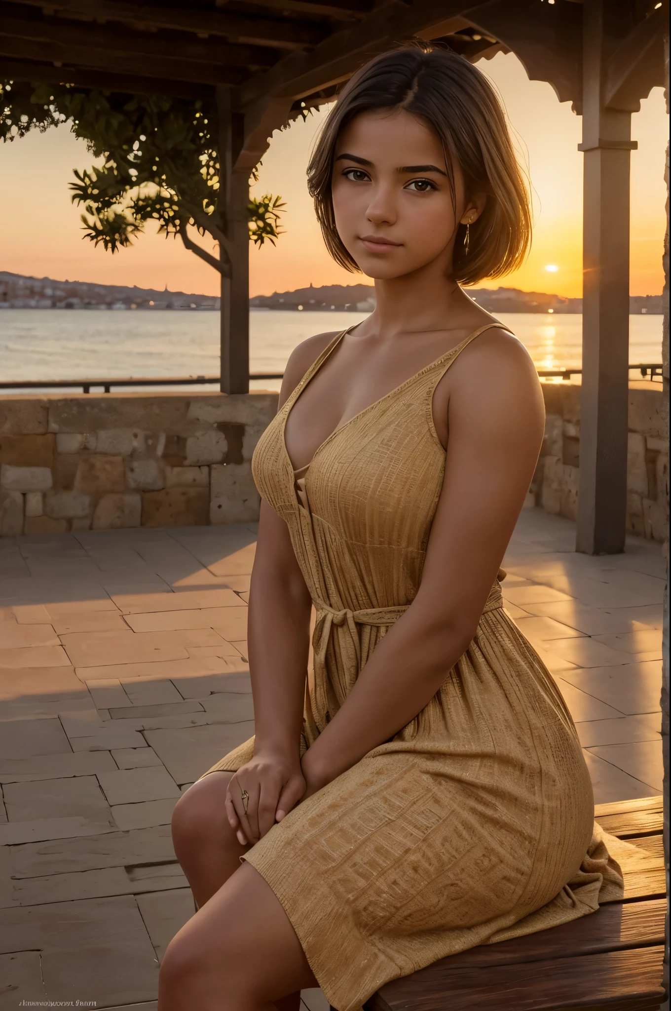 (a 17-year-old girl) sitting on a wooden bench in (Ciudad de Lugo, Galicia, Spain), bathed in the warm glow of a sunset. Her short, dark hair frames her face, highlighting her athletic physique. The exquisite details of her face, from her beautiful brown eyes to her detailed lips, are remarkably realistic. The high-resolution (4k) image captures the ultra-detailed features of her face, enhancing its photorealistic quality. The soft, golden hues of the sunset create a warm and inviting atmosphere, enveloping the scene with a touch of romance. The backdrop of the picturesque (Ciudad de Lugo) adds depth and charm to the composition. The lighting, reminiscent of professional studio lighting, further enhances the overall quality of the image. This masterpiece of artwork seamlessly blends realism and vivid colors, making it a visually stunning portrayal of a young girl experiencing the serene beauty of (Ciudad de Lugo) at sunset.
