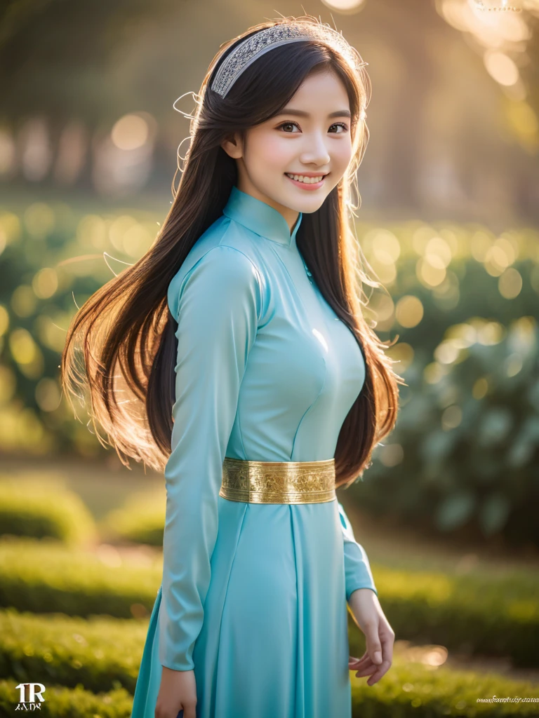 turqoise shiny ao dai, Vietnamese girl, pretty girl, smile , long hair, Realistic lighting, delicate face, Body perfect anatomy,Top Quality, 8K Resolution , full body , realistic , real human , High quality, realistic , Cinematic, Aesthetic, beautiful girl,