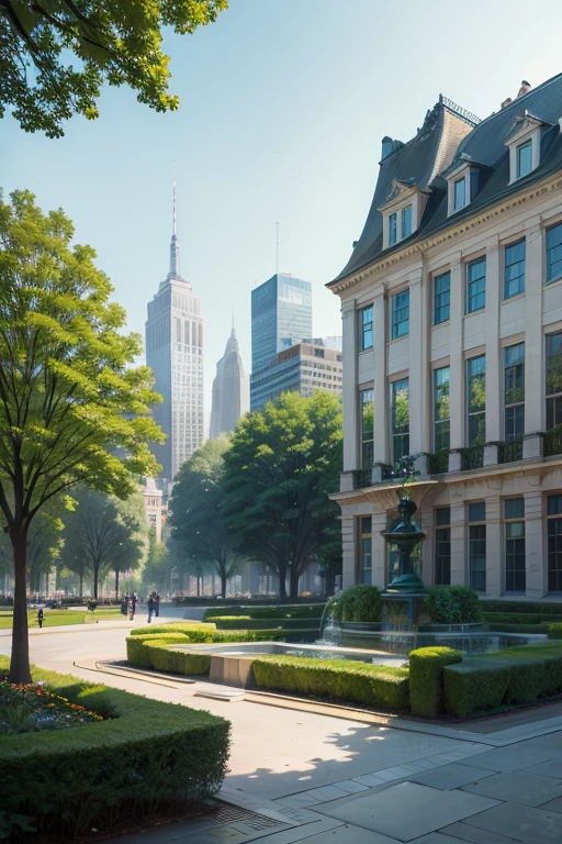 a fountain with trees and a building in the background, a dull painting, inspiriert von David LaChapelle, Umweltkunst, Chemiefabrik, Lebendige, lebendige Farben, Hochwertiges Produktbild", The city is full of green plants