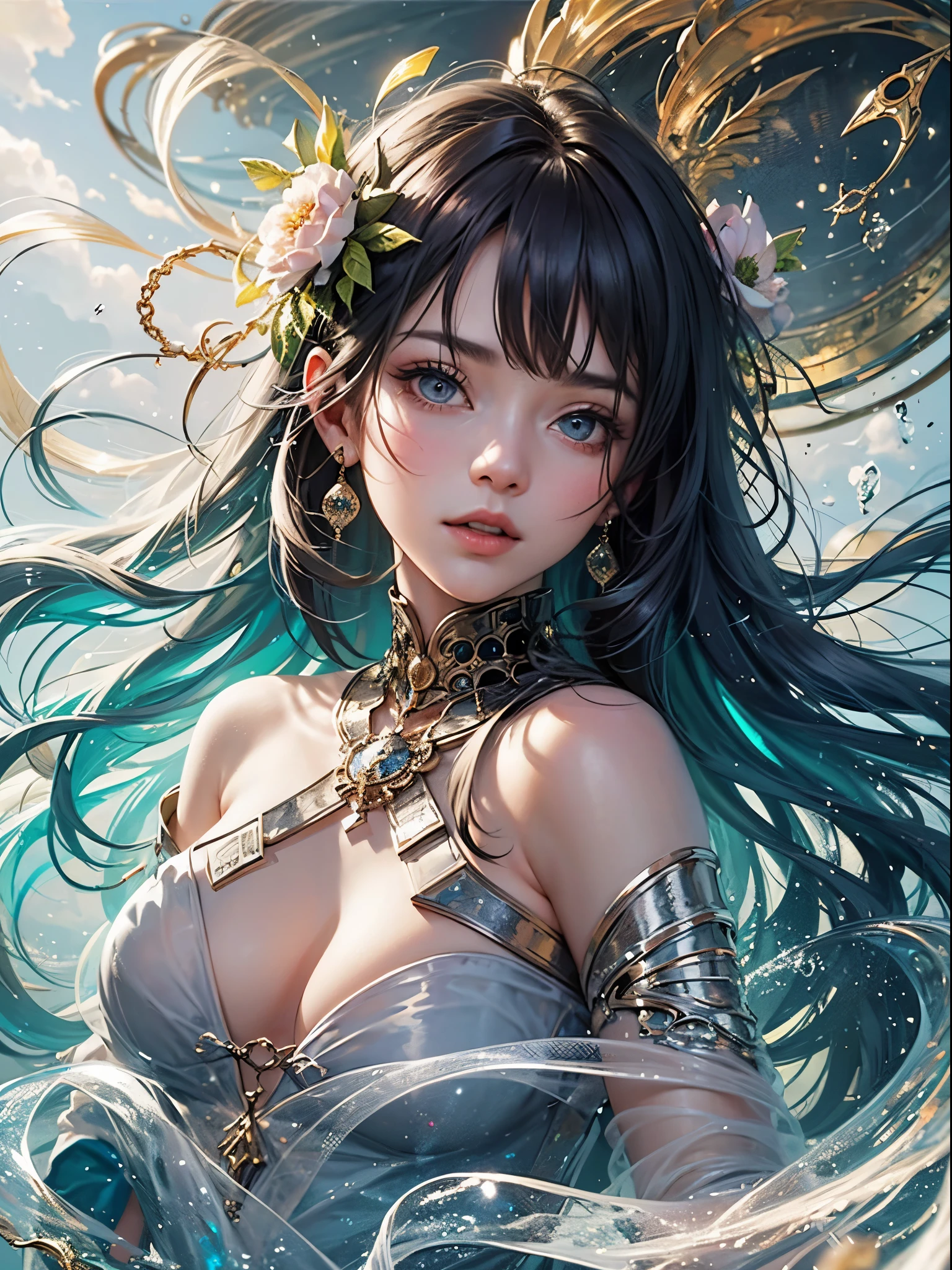 art, Unity 8k壁纸, Ultra-detailed, Beautiful and aesthetically pleasing, (s fractal art: 1.3),  flower, girls, (Hairstyles: Long hair) Ocean, Extremely detailed, Cowboy shot, The most beautiful, Seafoam, Buble, cute big breasts, ultra quality, random background, random dress, --auto --s2