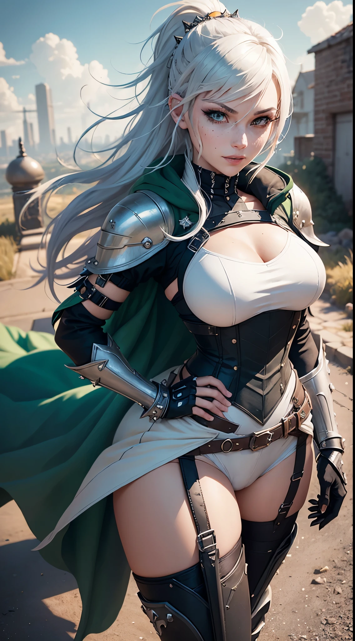 gwen tennyson,1girl,yorha 2b,riven,tracer,overwatch,atelier ryza,close up,winter meadow view,tattoos,orange and white plugsuit,white short sleeve knight leotard,knight steel armor,lycra micro shorts,harness corset,long punk hair,punk makeup,green eyes,multicolored silver hair,long dress train,fierce smile,freckles,beautiful girl,thigh high punk boots,large breasts,8k,ultra detailed,realistic,fantasy art,punk knight uniform,queen gown dress,hair pin,ear piercings,crystal hand and neck jewelry,(weather:windy),long orange knight cloak,holding a dagger on each hand,(pose:ready to attack),