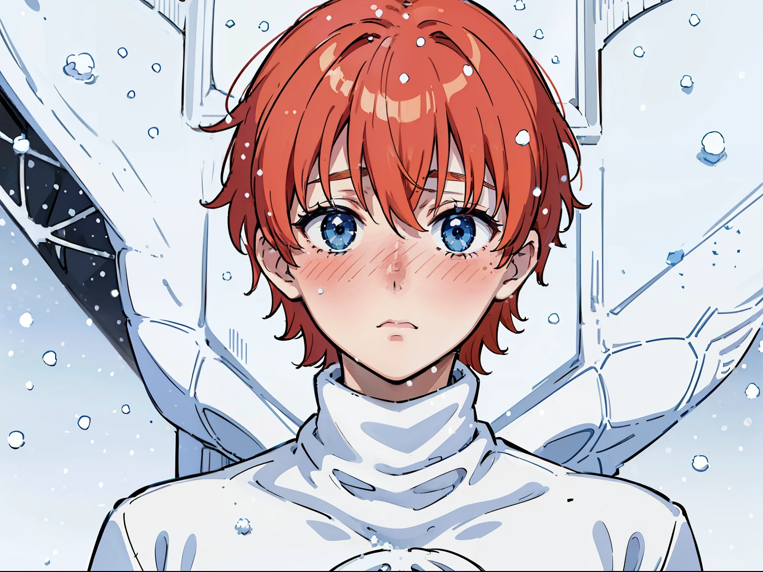 (1boy,teen,18 years old), orange hair, blue eye,(((white sweater,turtleneck))),(((,snowing,blush,surprise expression ))),portrait