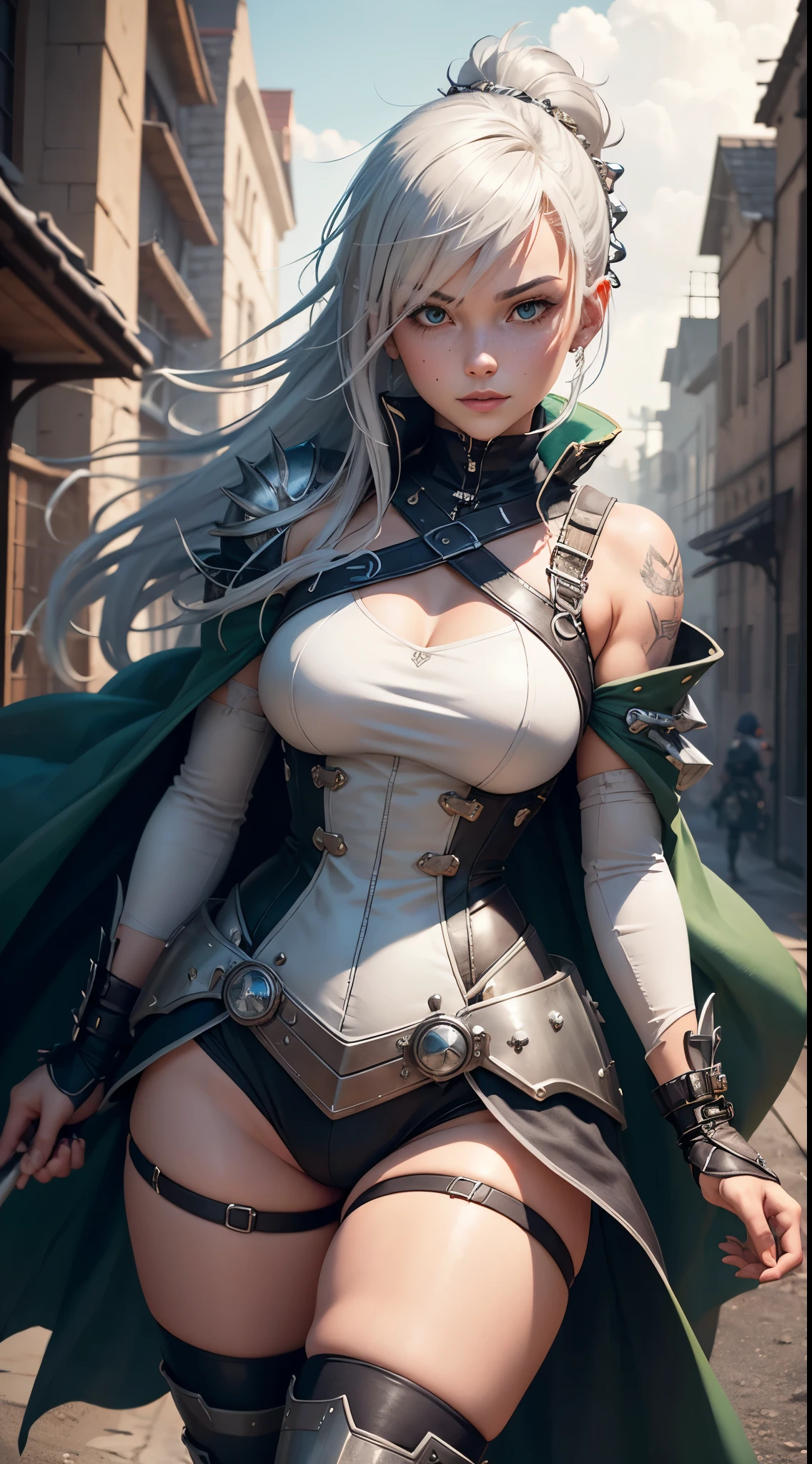 gwen tennyson,yorha 2b,riven,tracer,claire farron,overwatch,atelier ryza,close up,winter meadow view,tattoos,green and white plugsuit,white short sleeve knight leotard,knight steel armor,lycra leggings,harness corset,long punk hair,punk makeup,green eyes,multicolored silver hair,long dress train,fierce smile,freckles,beautiful girl,thigh high punk boots,large breasts,8k,ultra detailed,realistic,fantasy art,punk knight uniform,full heavy armor,hair pin,ear piercings,crystal hand and neck jewelry,(weather:windy),long green knight cloak,holding a dagger on each hand,(pose:ready to attack),