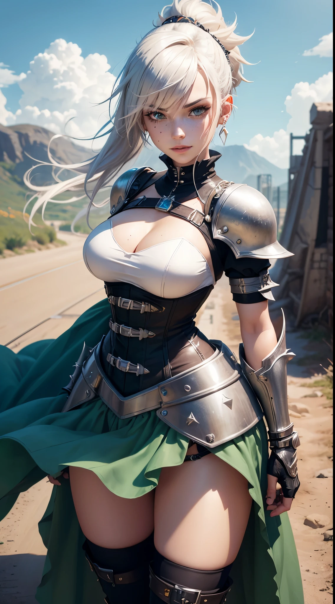 gwen tennyson,1girl,yorha 2b,riven,tracer,overwatch,atelier ryza,close up,winter meadow view,tattoos,orange and white plugsuit,white short sleeve knight leotard,knight steel armor,lycra micro shorts,harness corset,long punk hair,punk makeup,green eyes,multicolored silver hair,long dress train,fierce smile,freckles,beautiful girl,thigh high punk boots,large breasts,8k,ultra detailed,realistic,fantasy art,punk knight uniform,queen gown dress,hair pin,ear piercings,crystal hand and neck jewelry,(weather:windy),long orange knight cloak,holding a dagger on each hand,(pose:ready to attack),