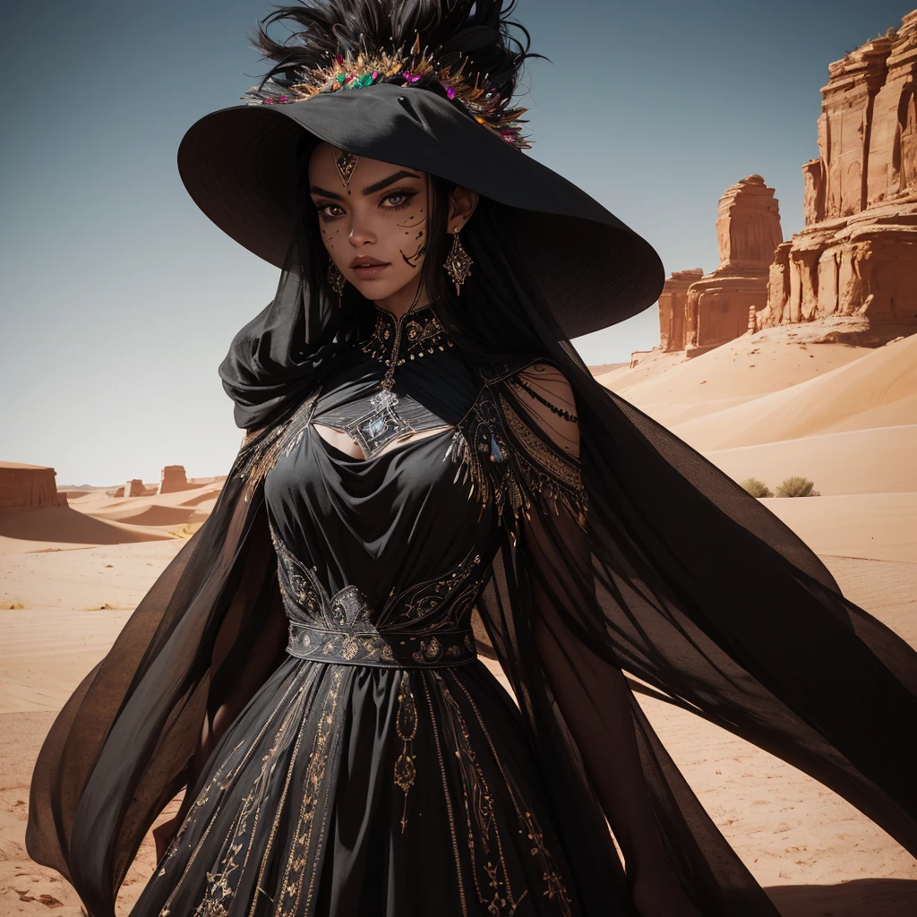 a woman in the desert in a black dress and a burgh on her face, depicted full-length intricate details, HDR, beautifully shot, hyperrealistic, sharp focus, 64 megapixels, perfect composition, high contrast, cinematic, atmospheric, high contrast, colorful polychromatic, ultra detailed, ultra quality, CGSociety