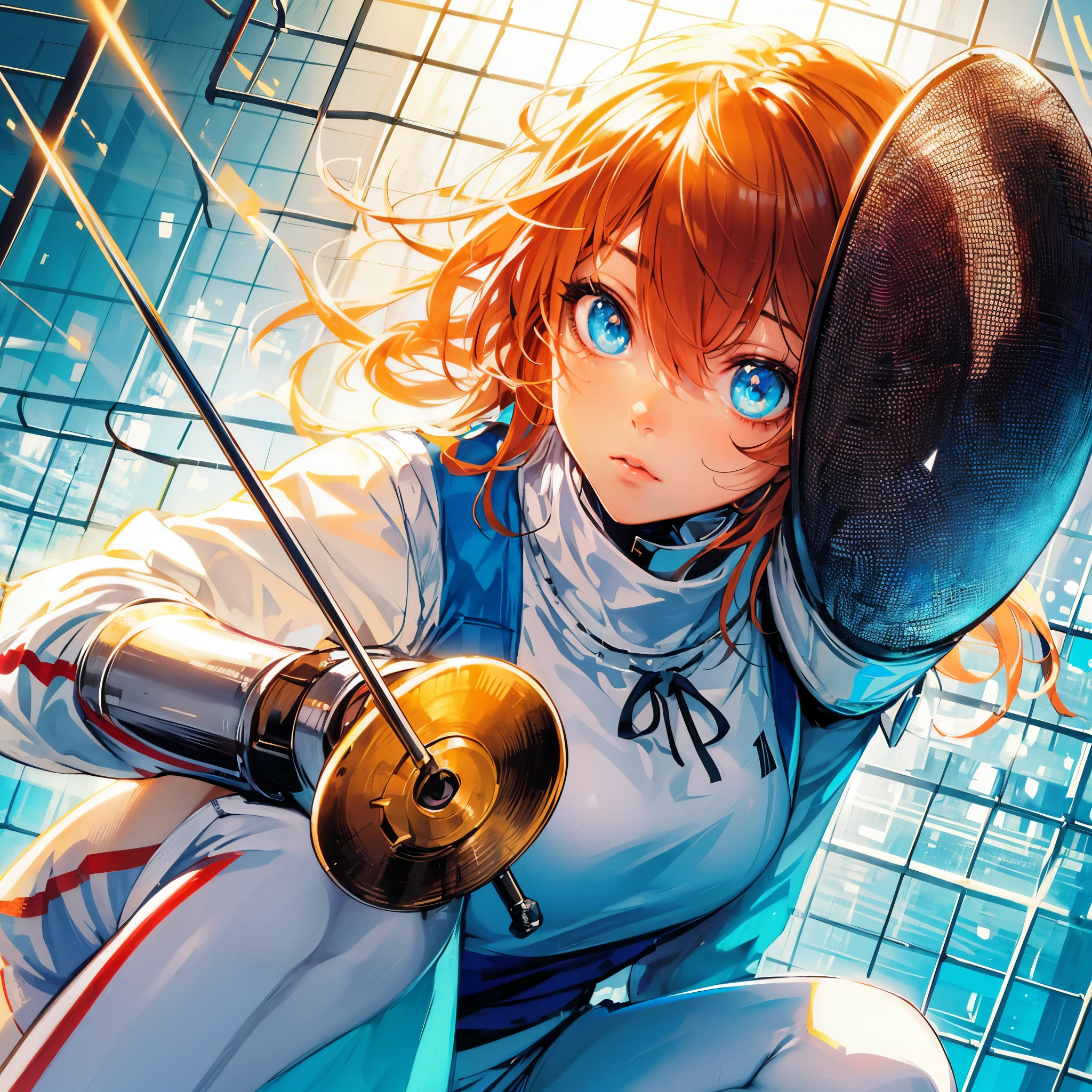 (Best Quality, masutepiece),ultra detailed photographic,1girl in, Female fencing athlete ,Large breasts,nice legs,At the fencing venue,Detailed beautiful face,Beautiful eyes,detailed hairs,detailed clothes,Detailed realistic skin,Cool,Dynamic Angle,