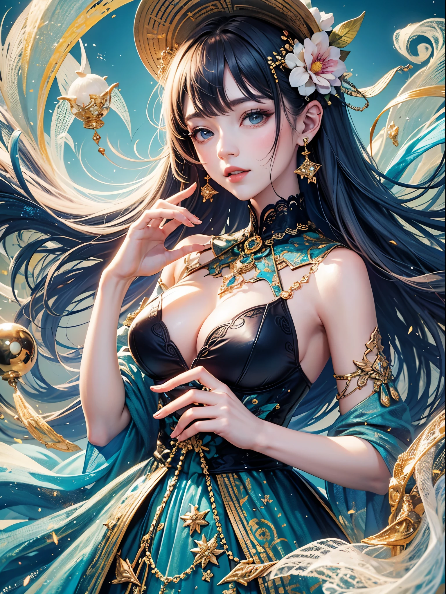 art, Unity 8k壁纸, Ultra-detailed, Beautiful and aesthetically pleasing, (s fractal art: 1.3), flower, girls, (Hairstyles: Long hair) Ocean, Extremely detailed, Cowboy shot, The most beautiful, Seafoam, Buble, cute big breasts, ultra quality, random background, random dress, --auto --s2