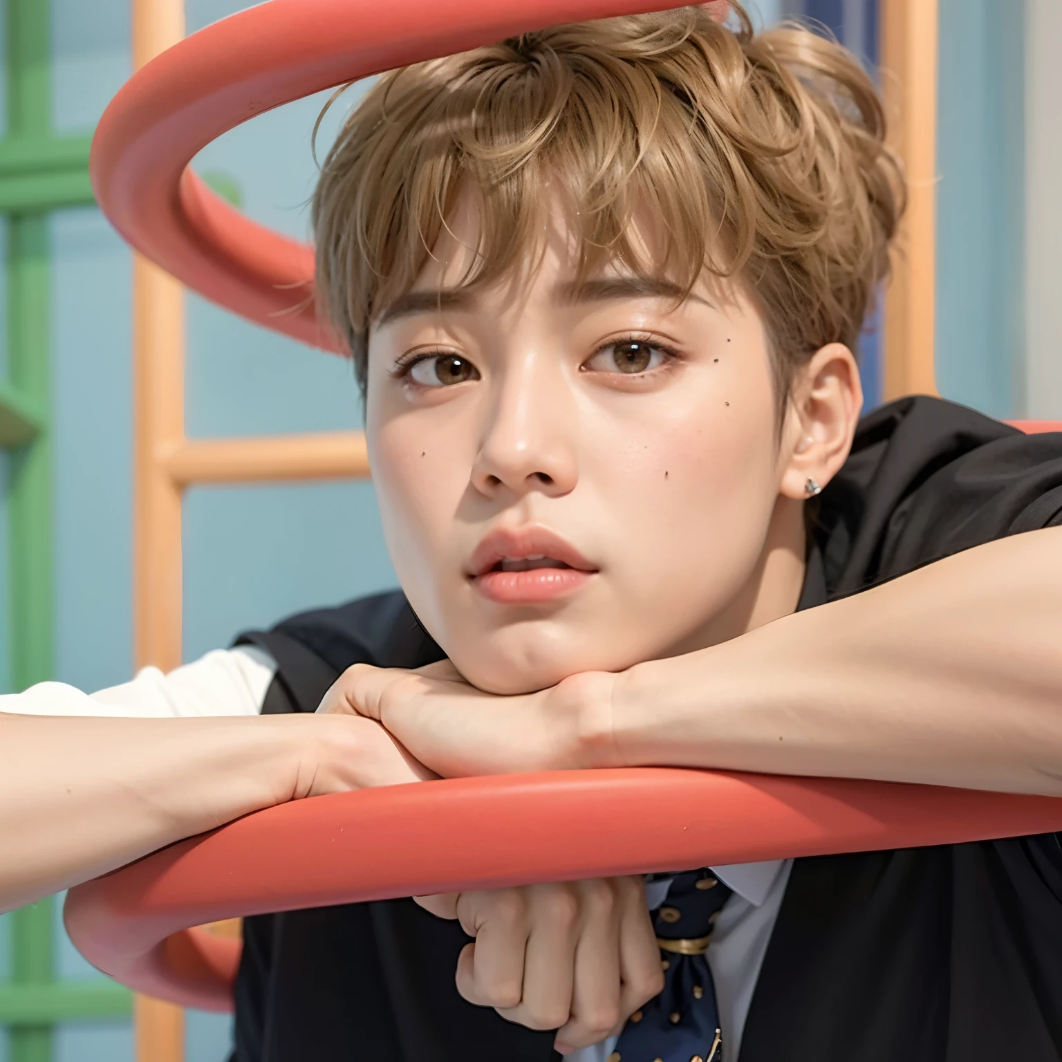 garoto arafiado de terno encostado em uma cadeira vermelha, park Jimin, accurate Jimin face, Jimin\Plump lips, Jimin, Jimin\Nariz grego, Jimin\'s right eyelid swollen, chave ainda, Jung Jaehyun, TaeJune Kim, Hyung Tae, Yanjun Chengt, Todos do Grupo NCT, Hong June Hyung