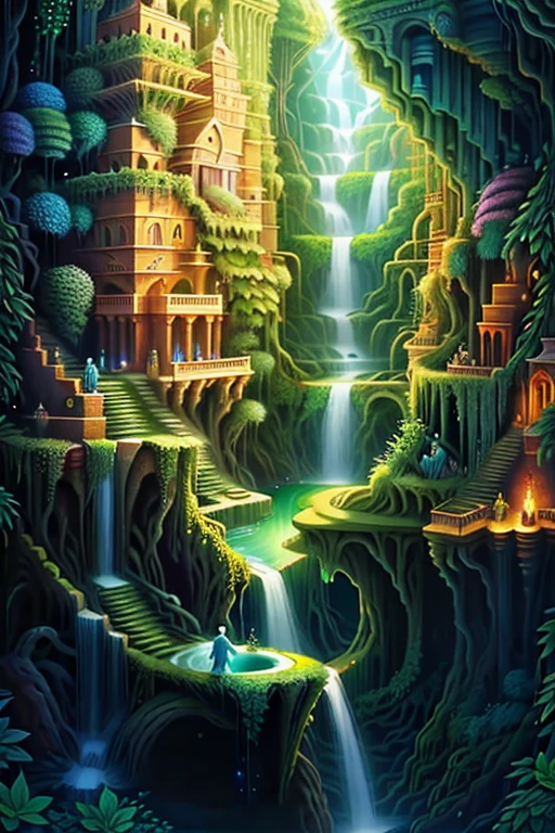 Imagine the Hanging Gardens of Babylon as a mystical realm, with floating waterfalls and glowing flora.