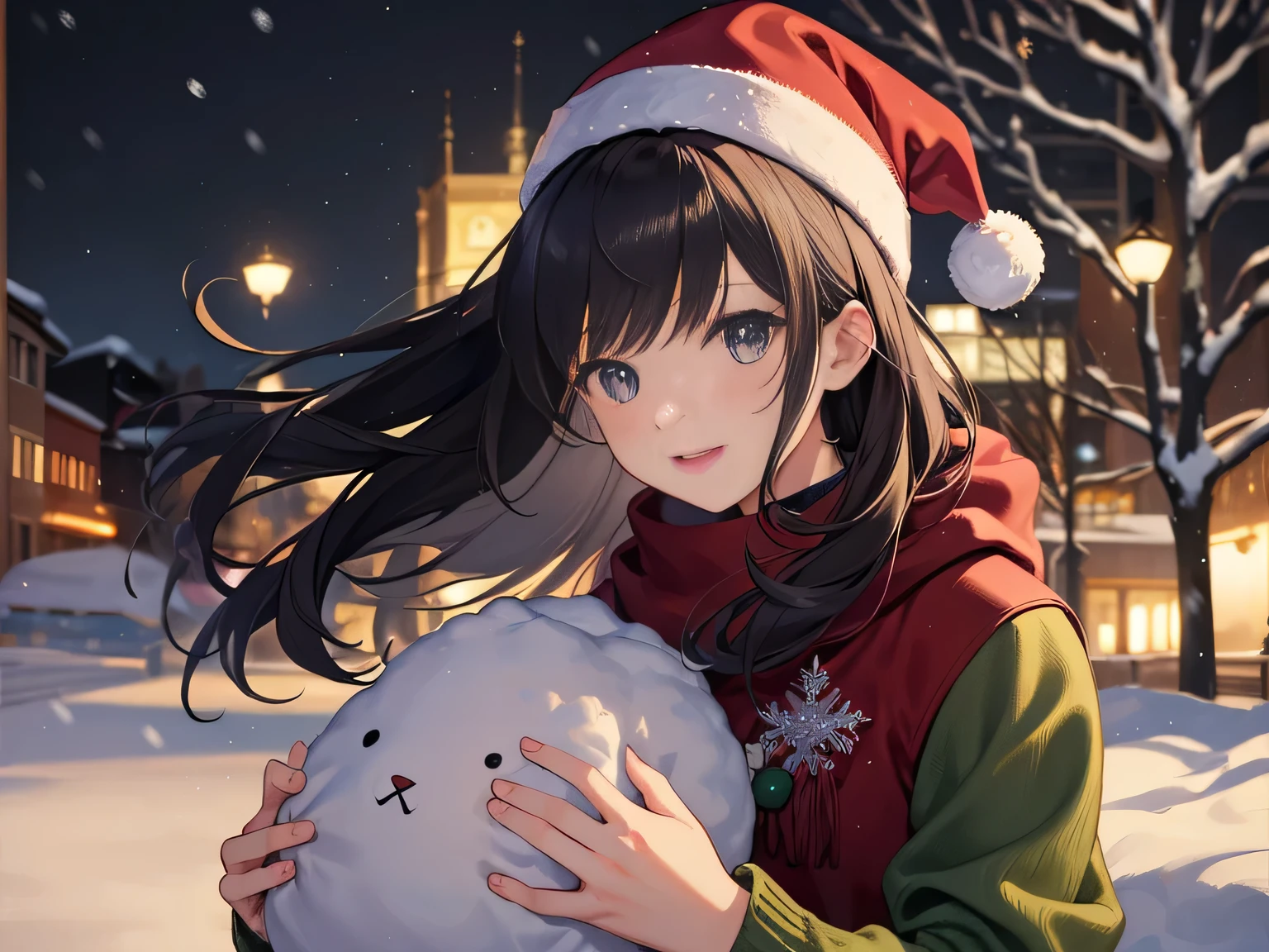 Christmas clothes, snowy background, Christmas hat