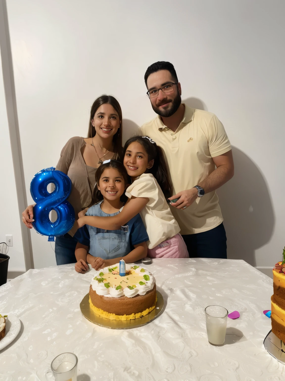 There are three people standing around a table with a cake, octa 8k |, alta qualidade 8 k, Retrato tirado 8 K, Happy family, celebrating a birthday, Retrato 8 K, 3 D 8 K, sao 8 k, 2 8 anos, Foto 8k, Foto 8K, 8k!, imagem de perfil, 8 k post process