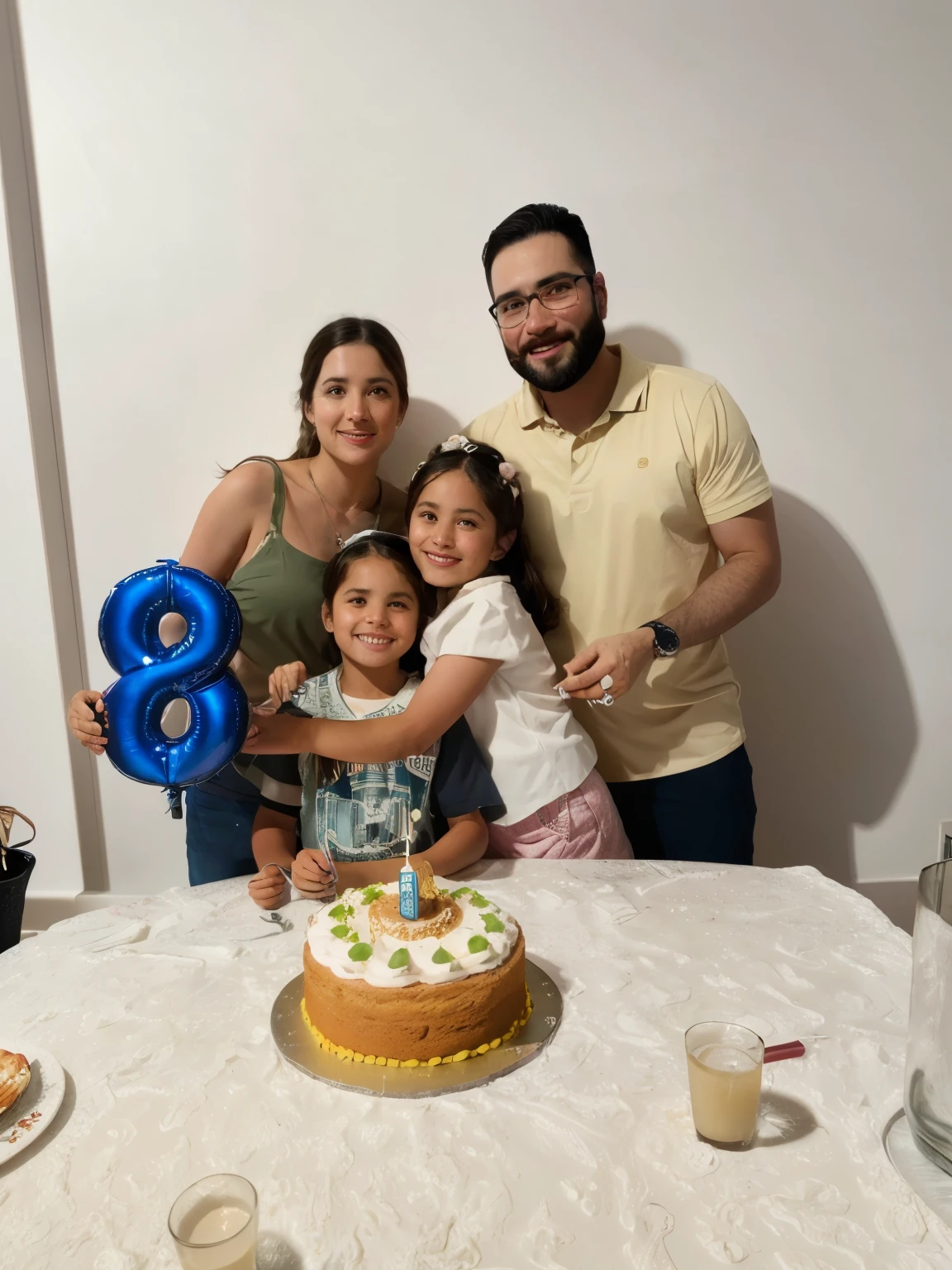 There are three people standing around a table with a cake, octa 8k |, alta qualidade 8 k, Retrato tirado 8 K, Happy family, celebrating a birthday, Retrato 8 K, 3 D 8 K, sao 8 k, 2 8 anos, Foto 8k, Foto 8K, 8k!, imagem de perfil, 8 k post process