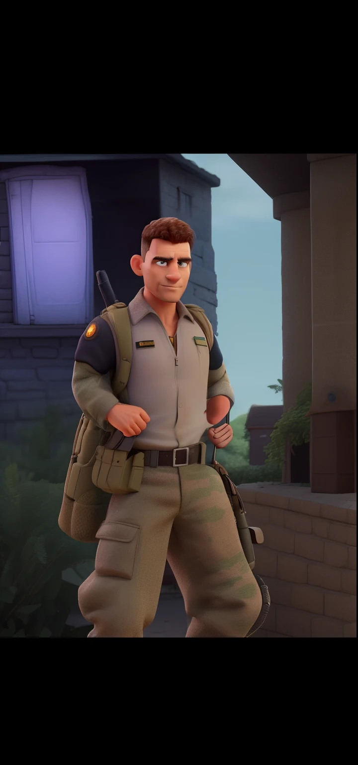 Um homem careca, de uniforme militar, with a bulletproof vest and a walkie-talkie near his neck, no peito, has the inscription PMC Wagner and a motto with a red skull on the street with houses as a backdrop