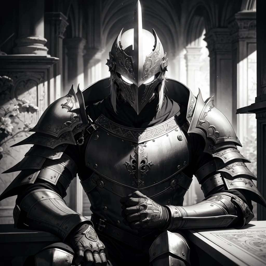 Silver armor、armor, European armor, Male Focus, Sword and shield, knight, monochromes, helmet weapon, sitting on lap, (borgar)
BREAK
greyscale, Full body, (Raise the Sword to Heaven), Solo,
BREAK
absurdres, hight resolution, ultra-detailliert, (1male people:1.3),
BREAK
, low-key lighting, moody ambiance, darker shadows, subtle highlights, destroy the mysterious aura
, Chiaroscuro, High contrast, Dramatic shadows, Bold highlights, moody atmosphere, Seductive strength, Expressive brush strokes that break
, photo manipulation, Changed reality, fantastical scenes, Digital Artistry, Creative editing, evocative narratives, striking visuals