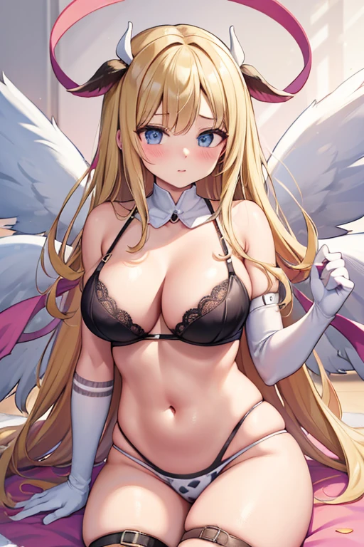 blonde hair,  a cow pattern bra, a cow pattern lingerie, a cow pattern underwear, long hair, blue eyes, angel wings,large breasts, bare shoulders, elbow gloves, feathered wings, gloves, head wings, navel, pink ribbon, ribbon, single elbow glove, single glove, thigh strap, wings