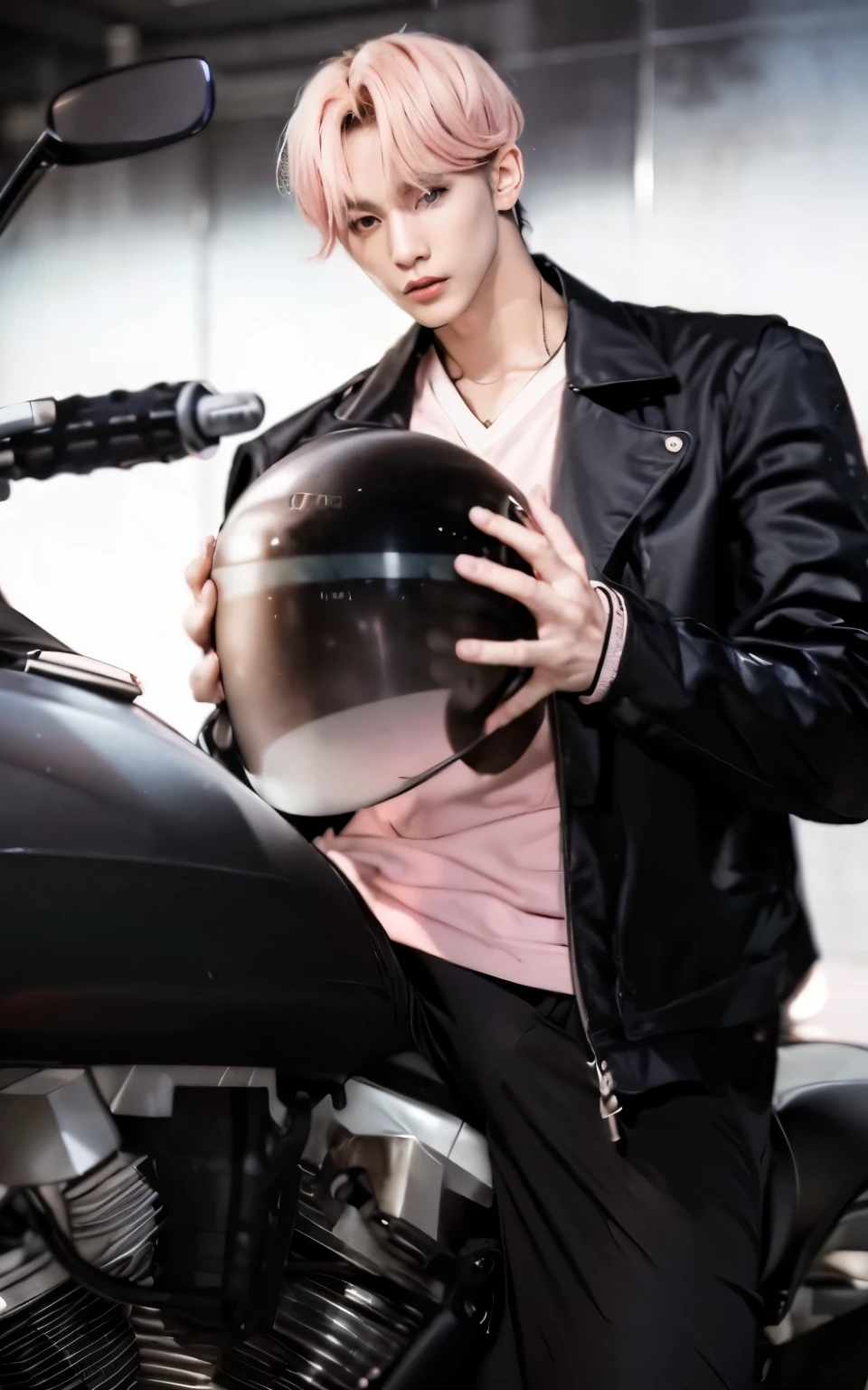 Korean handsome man, on a motorcycle, pink hair