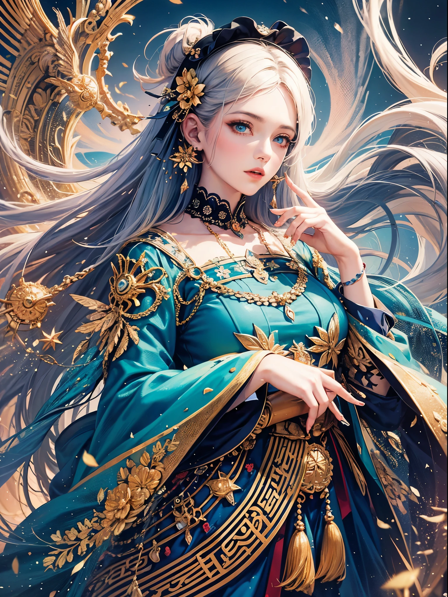 high resolution, highest quality, super high quality, super detail, ultra realistic, photorealistic, anime, illustration, fantasy, Northern Renaissance style, super beautiful goddess, mysterious, enchanting, sharp slit gold eyes, flowing layered side braided white hair, tattoos, perfect proportion, full body, black veil, wearing see-through robe embroidered with gold, background galaxy, magic circle, kaleidoscope, rainbow and gold neon light many lines