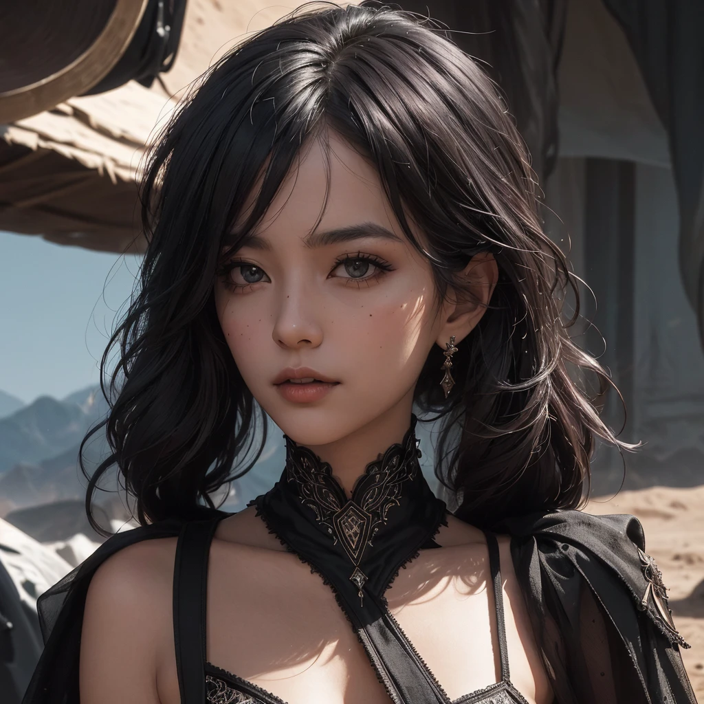 a woman in the desert in a black dress and a burgh on her face, depicted full-length intricate details, HDR, beautifully shot, hyperrealistic, sharp focus, 64 megapixels, perfect composition, high contrast, cinematic, atmospheric, high contrast, colorful polychromatic, ultra detailed, ultra quality, CGSociety