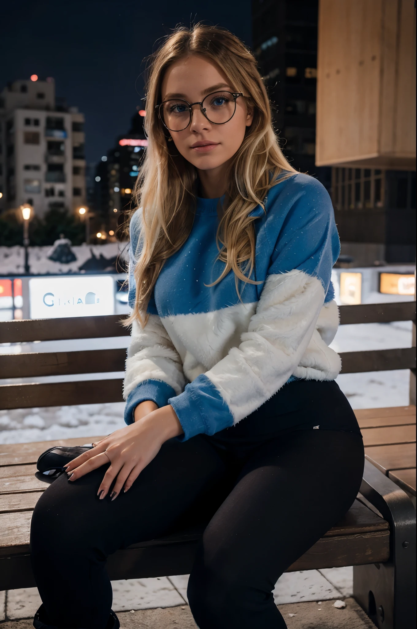 1woman, ombré blonde balayage hair, beautiful blue eyes, freckled face, circle glasses, off-white sweatshirt, seamless black leggings, black leggings, fuzzy faux fur boots, ugg style boots, night city background, sitting on bench, full body portrait, raw photo.