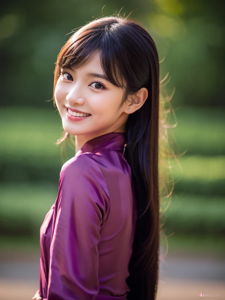 dark purple silk aodai, Vietnamese girl, pretty girl, smile , long hair, Realistic lighting, delicate face, Body perfect anatomy,Top Quality, 8K Resolution , full body , realistic , real human , High quality, realistic , Cinematic, Aesthetic, beautiful girl,