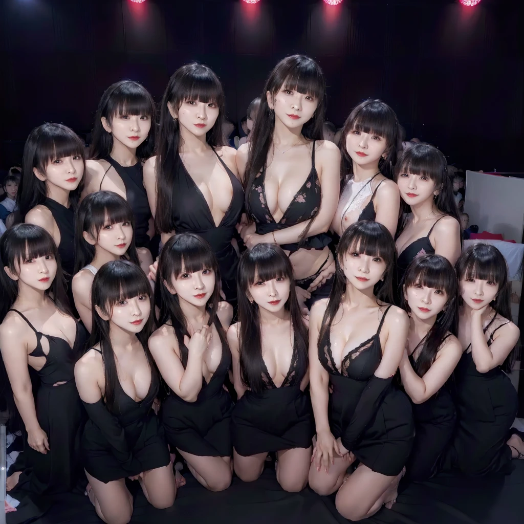 Raw photo、(((multiple girls))),((((6+girls)))),Women only、((全員The same face))、A group of 10 idols singing and dancing on stage、,japanes、((Same height))、((Matching black idol costume))、a smile、The same face,((A dark-haired)),Longhaire、same person