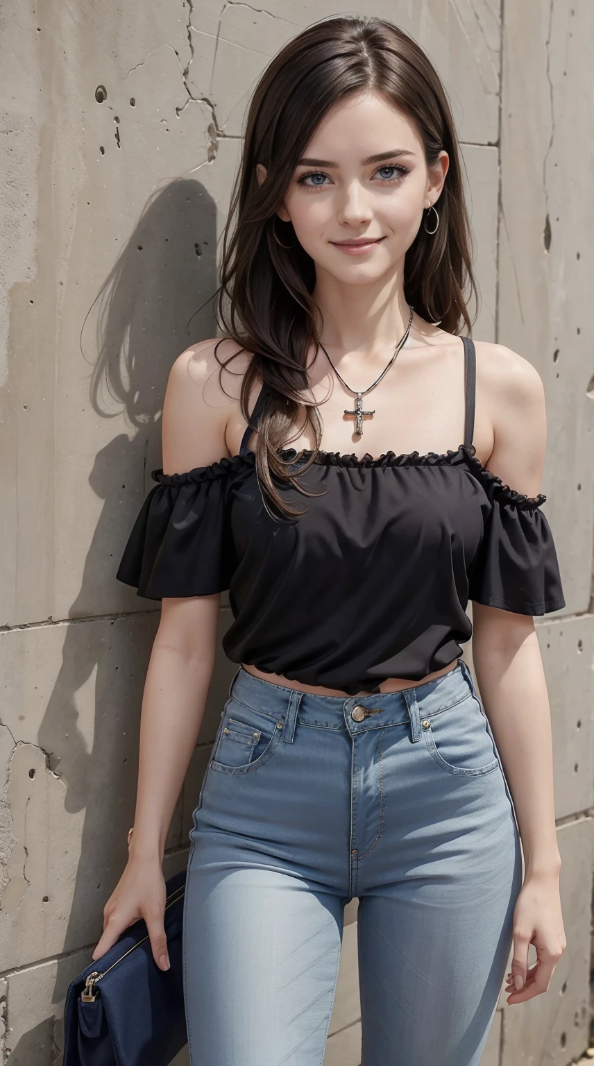 26 year old white woman、Hair is brunette、Eye color is blue、Longhaire、Slender but well-proportioned muscular body、She is wearing a frilly one-shoulder top.、wearing skinny jeans、wearing a rosary necklace、accessories on the wrist、setting hair、a smile、I have a clutch bag、I am in front of a wall with wall art written on it.、I&#39;m so excited、I&#39;m playfully saluting