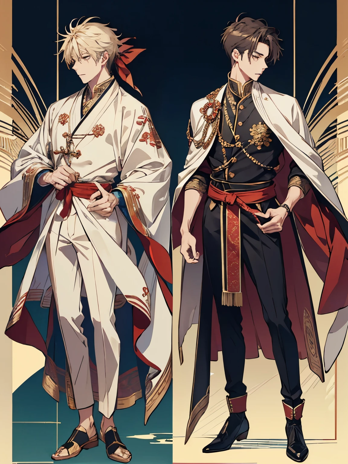 (Best Quality)), ((masutepiece)), Perfect face,1 male,20代の男性,twinks,profile,fullbody image,character layout,Costumes with decorations,Detail Costume,